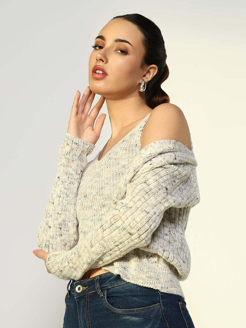 Women's Ribbed Grey Crop Top with Shrug