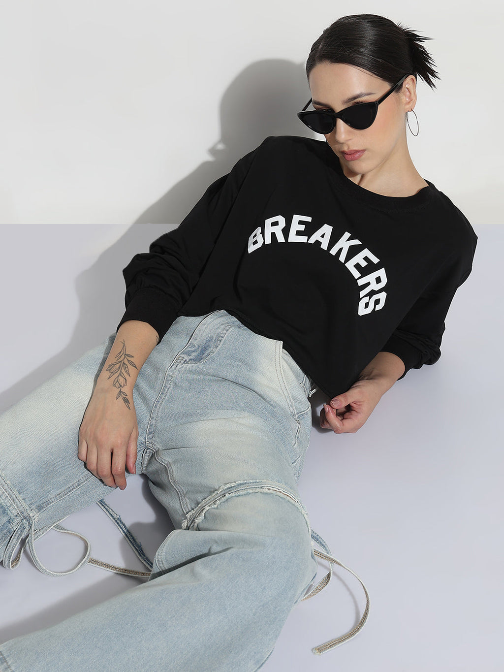 Women's Typography Black Crew Neck Crop Top