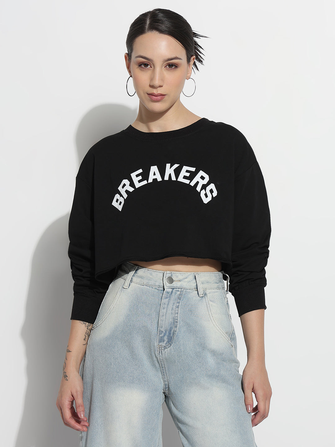 Women's Typography Black Crew Neck Crop Top