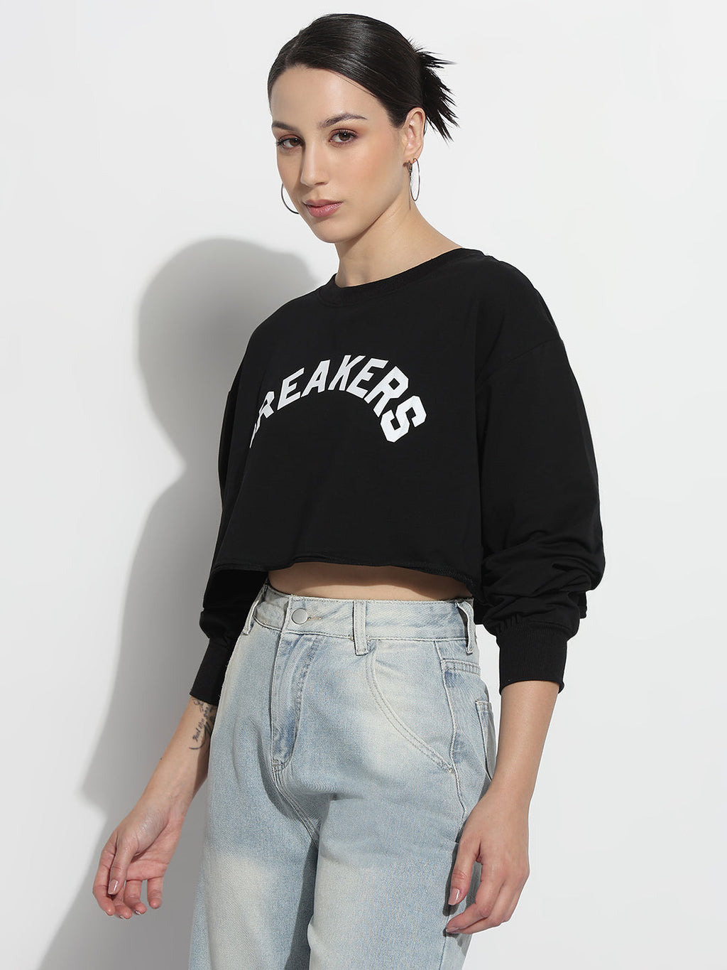 Women's Typography Black Crew Neck Crop Top