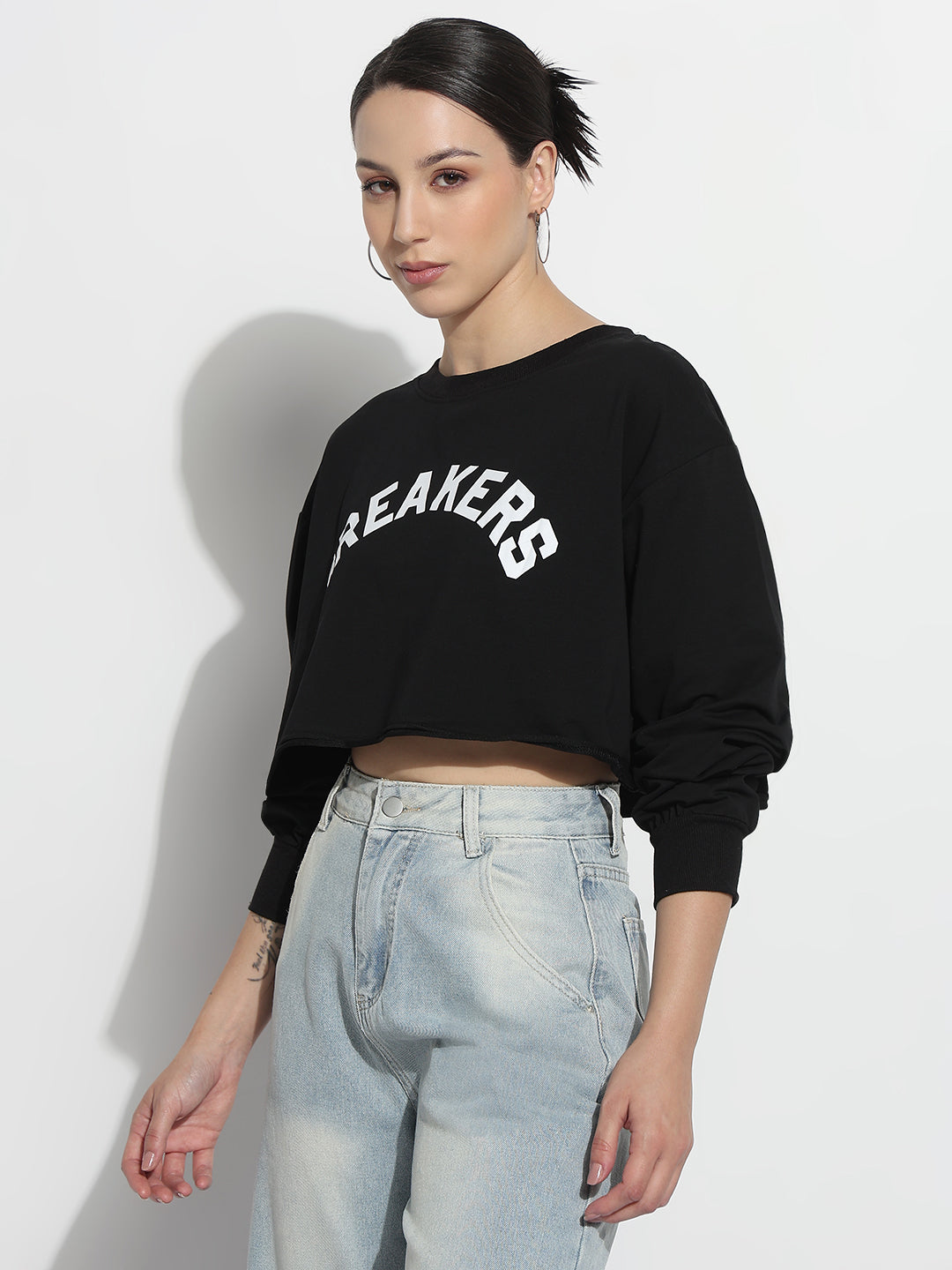 Women's Typography Black Crew Neck Crop Top