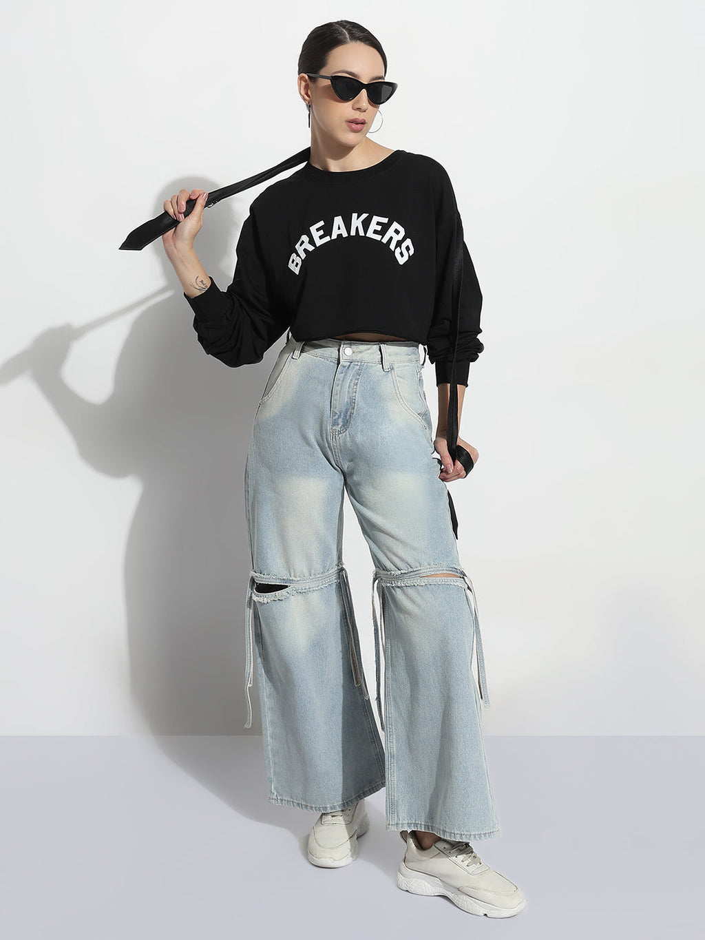 Women's Typography Black Crew Neck Crop Top