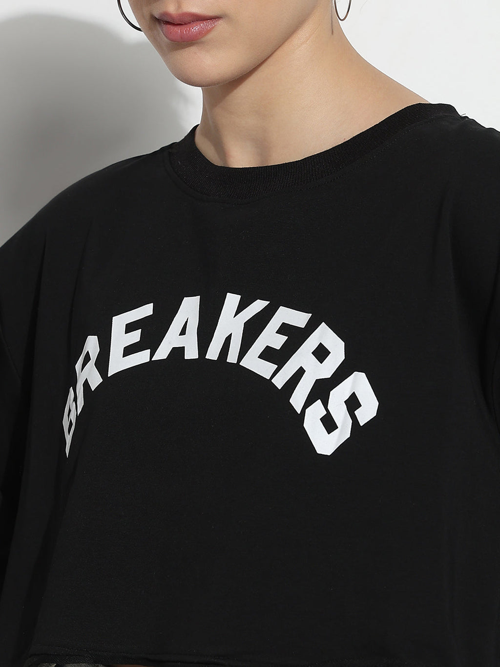 Women's Typography Black Crew Neck Crop Top