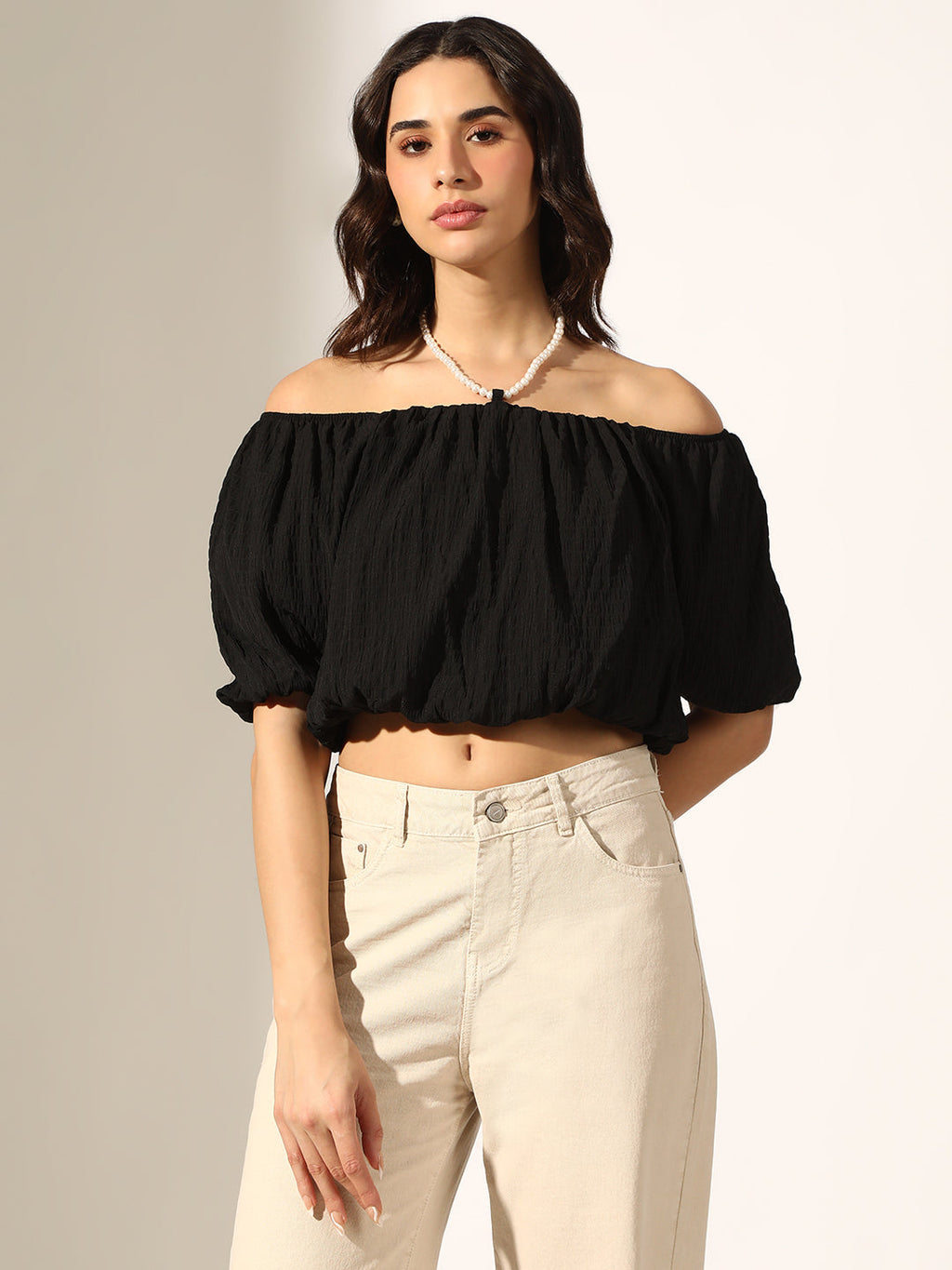 Women's Textured Black Off-Shoulder Puff Sleeve Crop Top with Pearl Chain
