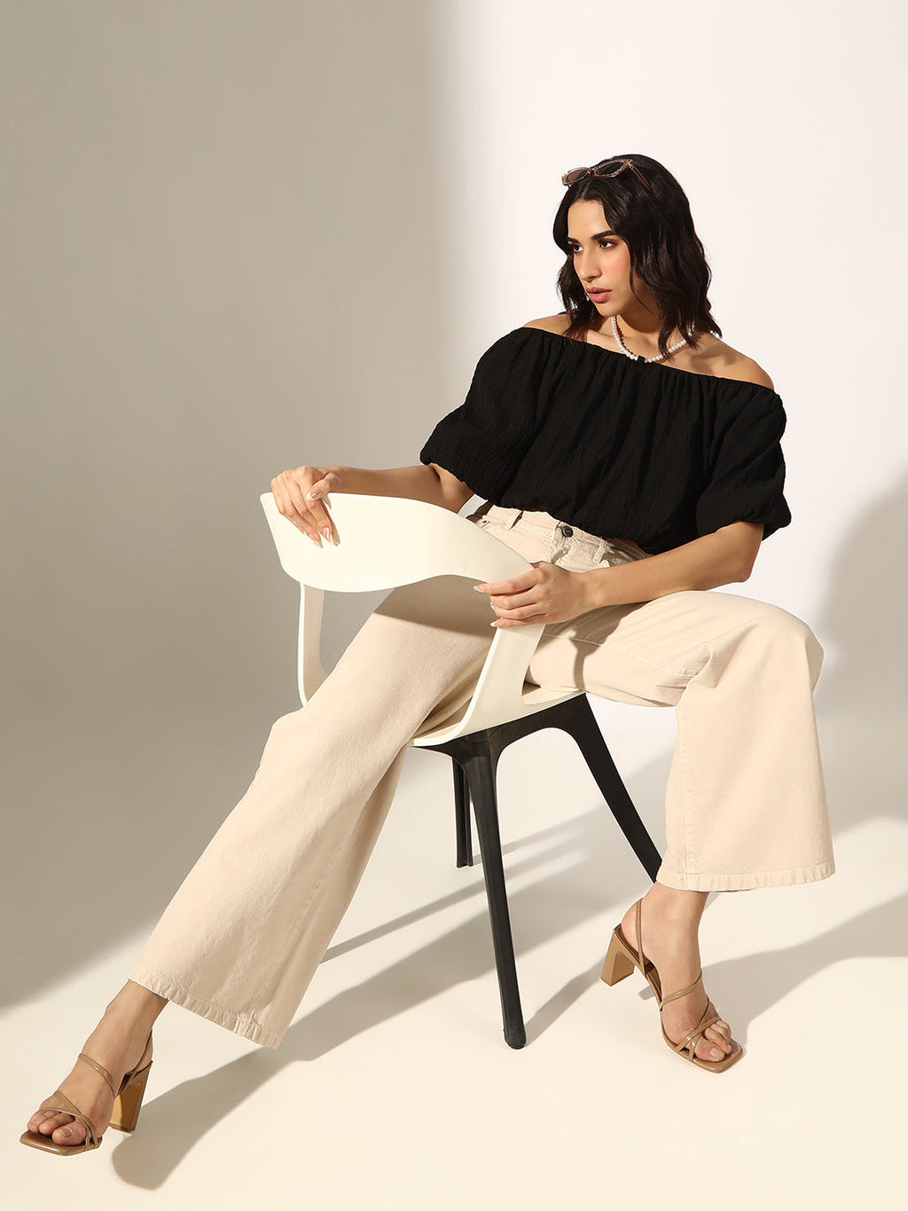 Women's Textured Black Off-Shoulder Puff Sleeve Crop Top with Pearl Chain