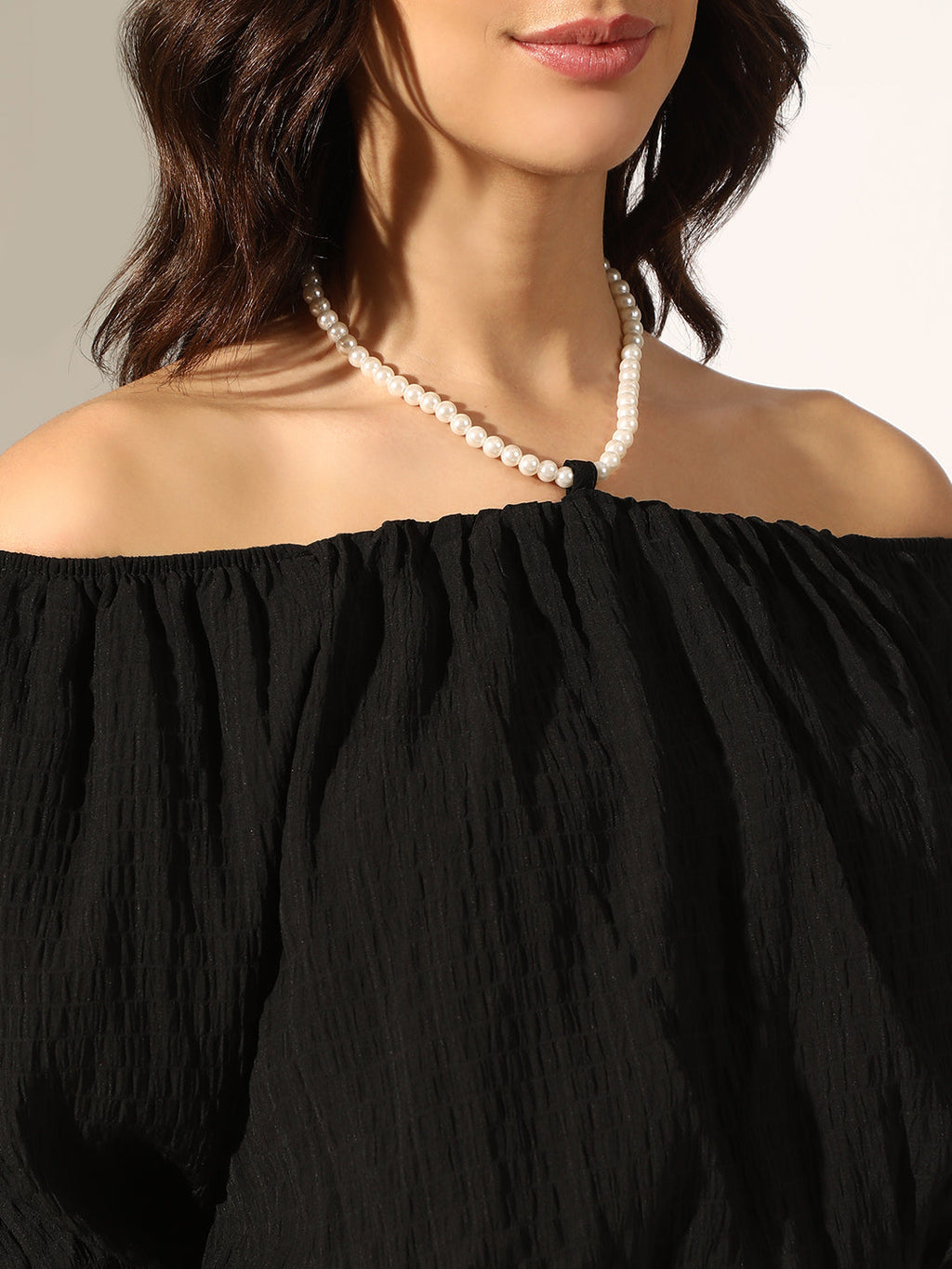 Women's Textured Black Off-Shoulder Puff Sleeve Crop Top with Pearl Chain