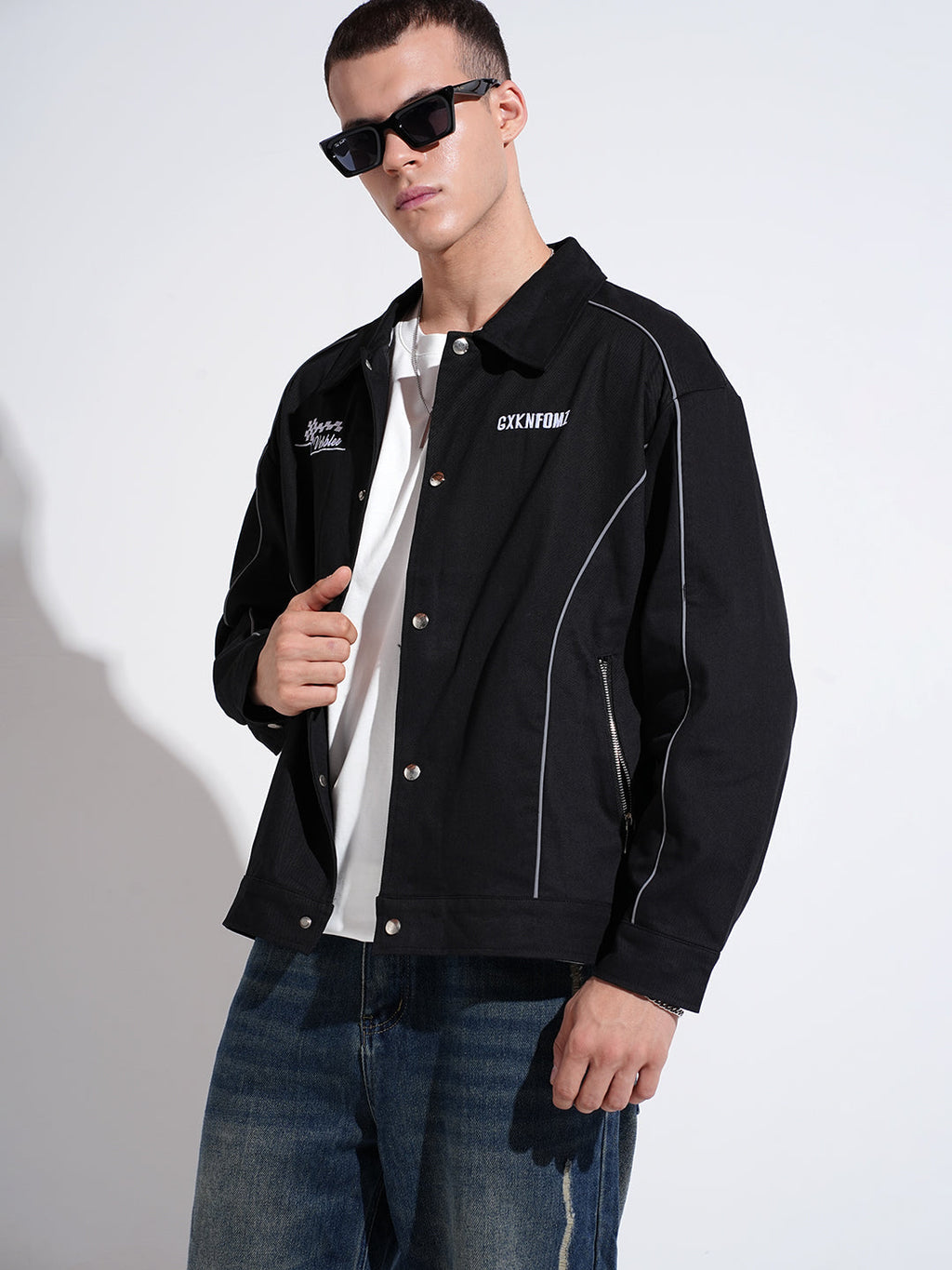 Men's Black Button Down Jacket with Piping Detail