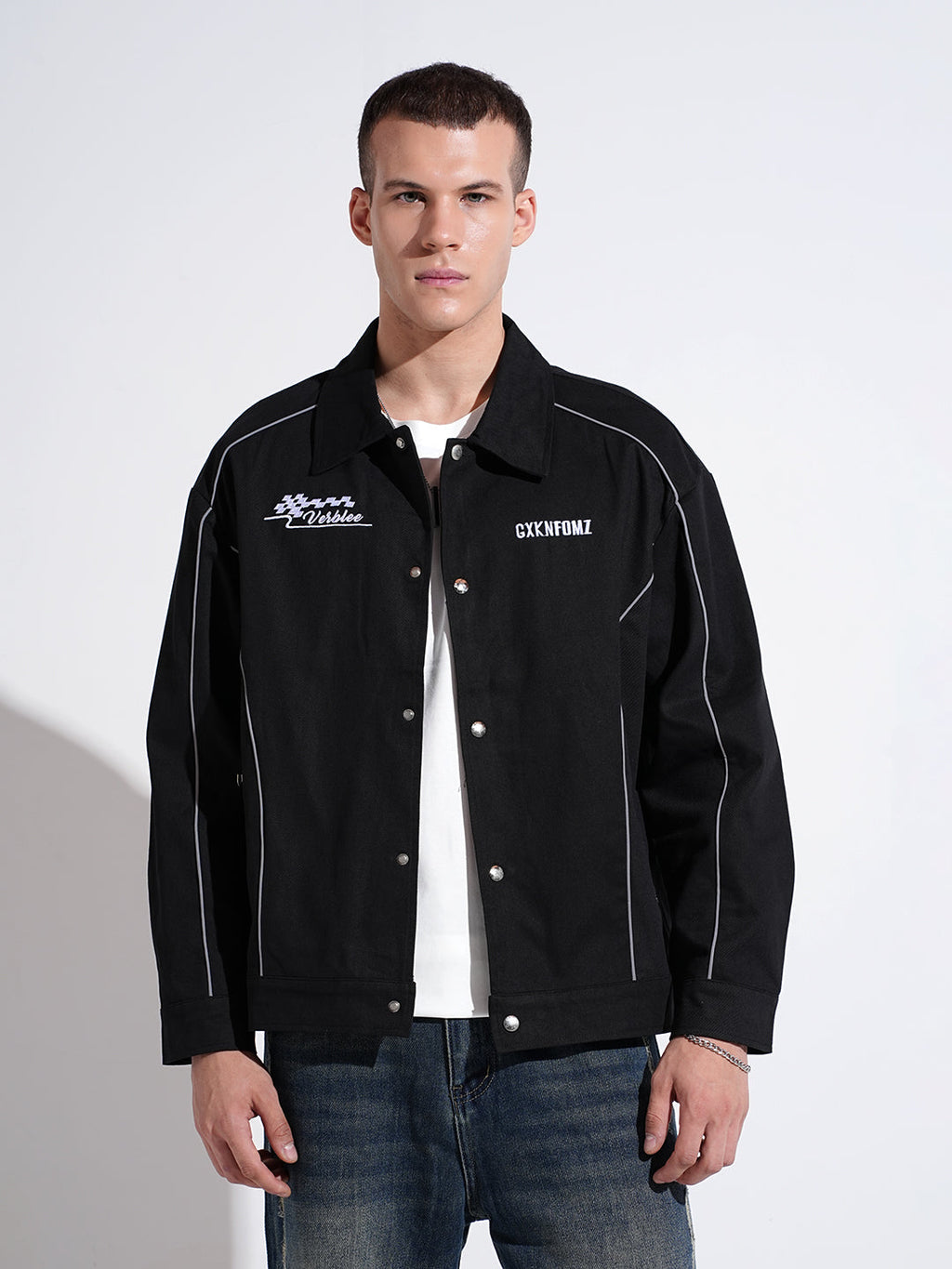 Men's Black Button Down Jacket with Piping Detail