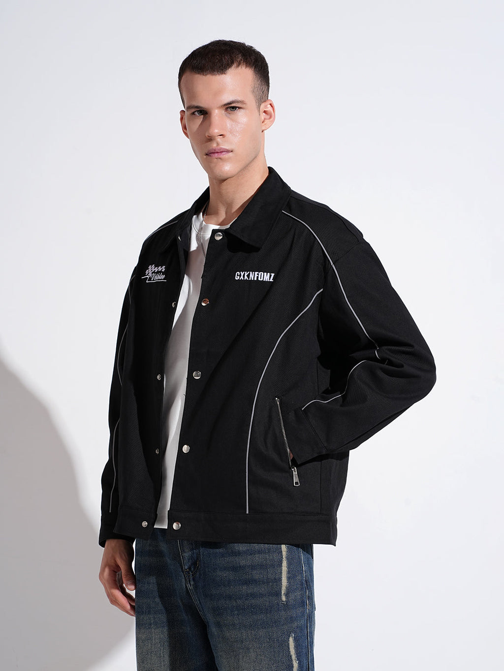 Men's Black Button Down Jacket with Piping Detail