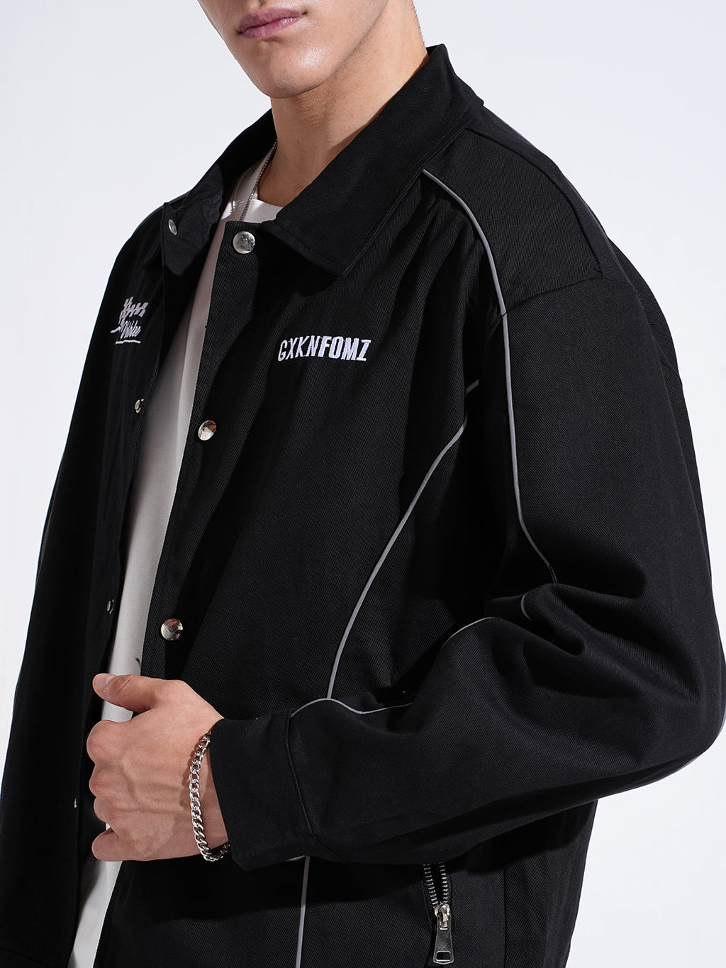 Men's Black Button Down Jacket with Piping Detail