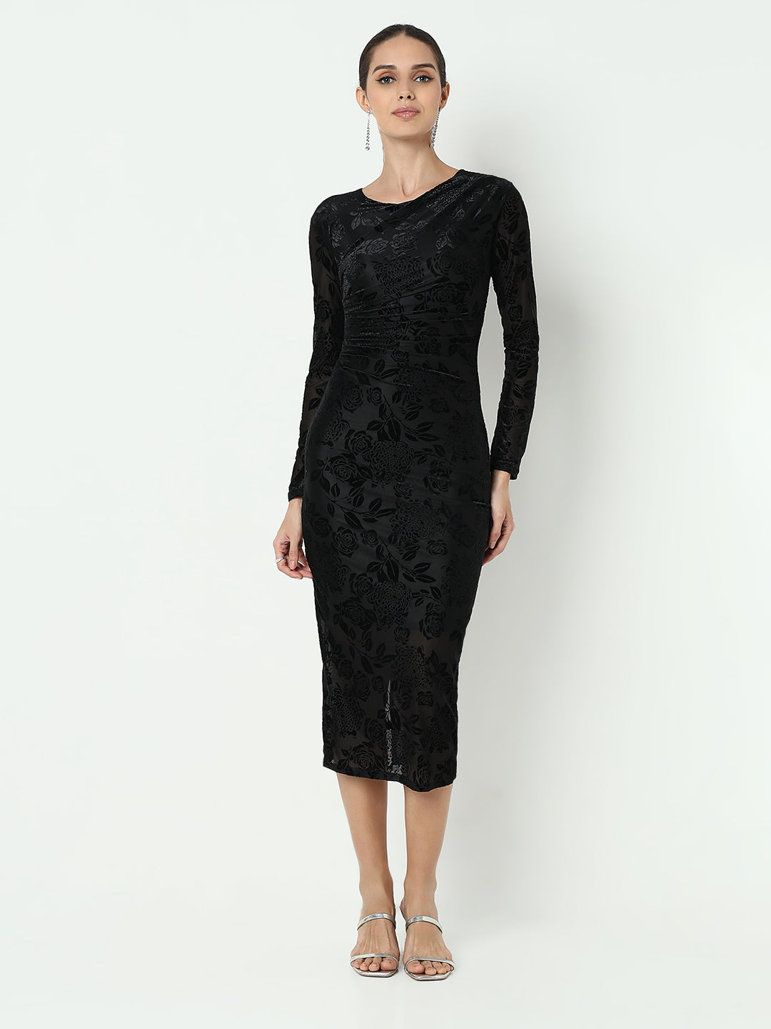 Women's Floral Black Velvet Bodycon Maxi Dress with Back Slit