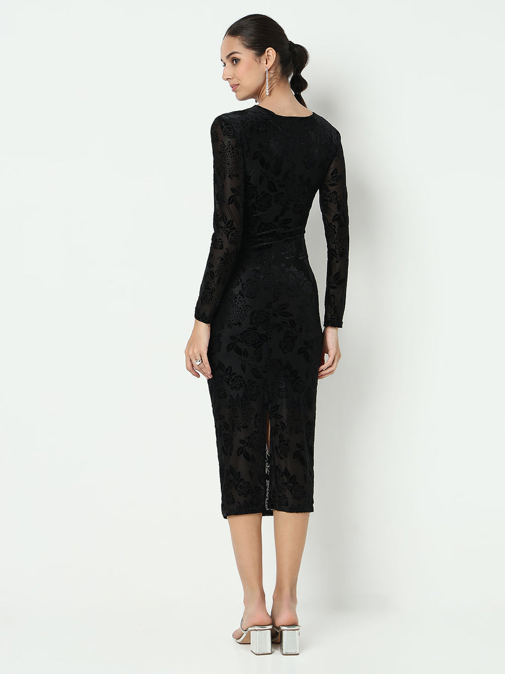 Women's Floral Black Velvet Bodycon Maxi Dress with Back Slit