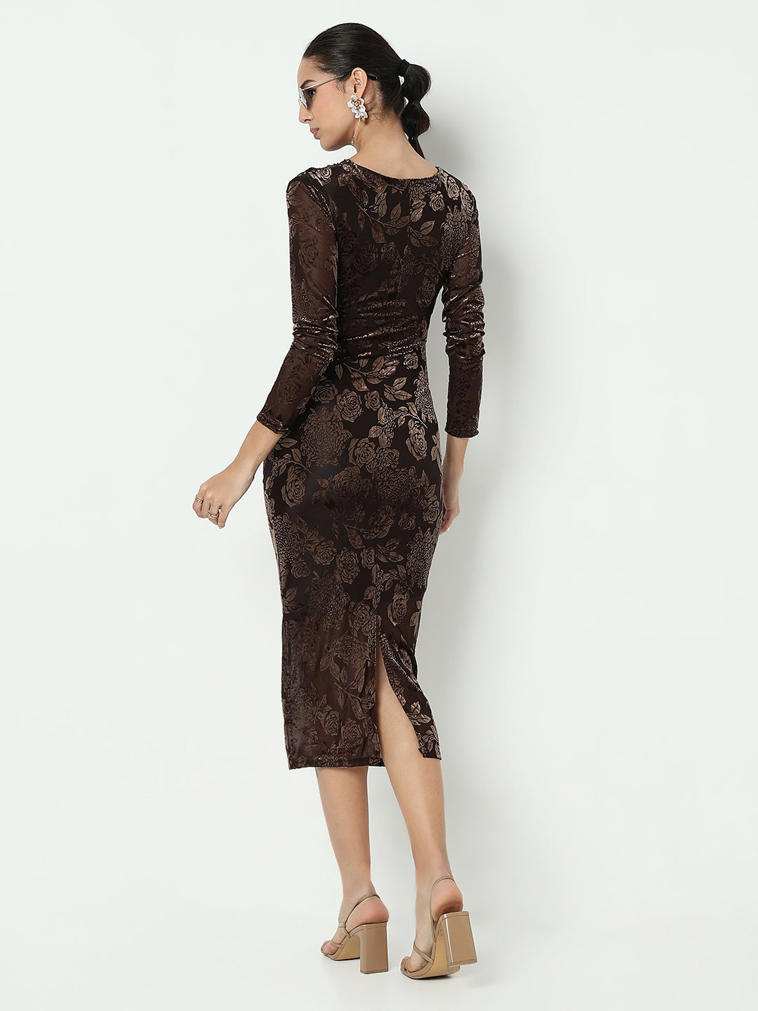 Women's Floral Brown Velvet Bodycon Maxi Dress with Back Slit