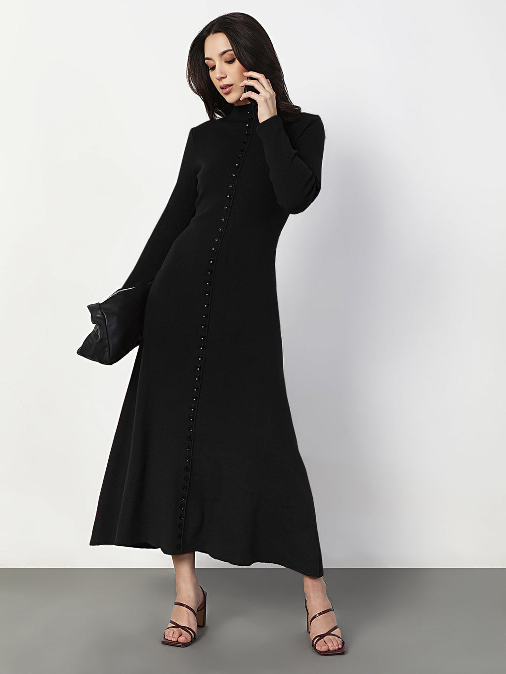 Women's Black Long Sleeve Maxi Dress with Front Button Detail