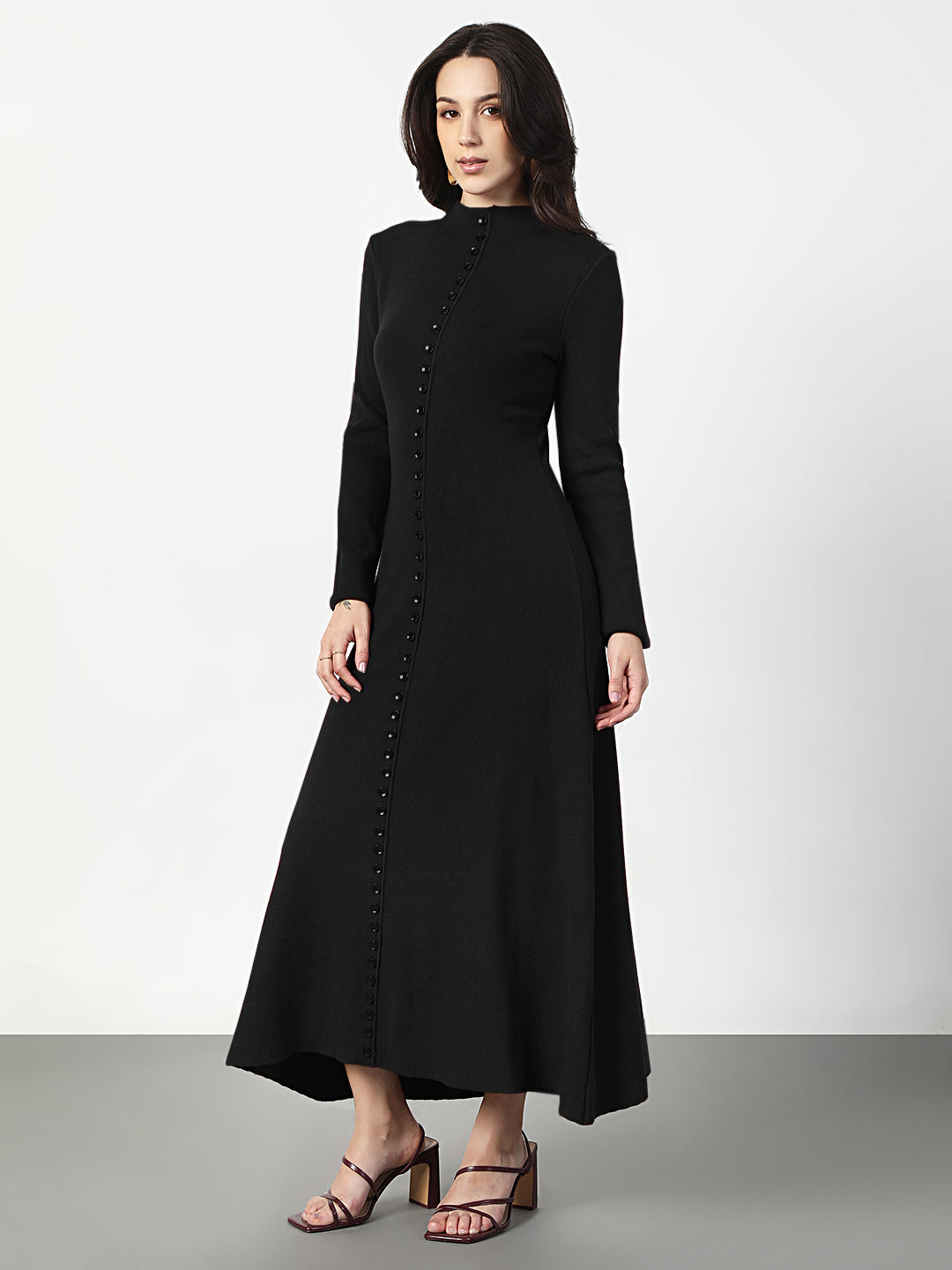 Women's Black Long Sleeve Maxi Dress with Front Button Detail
