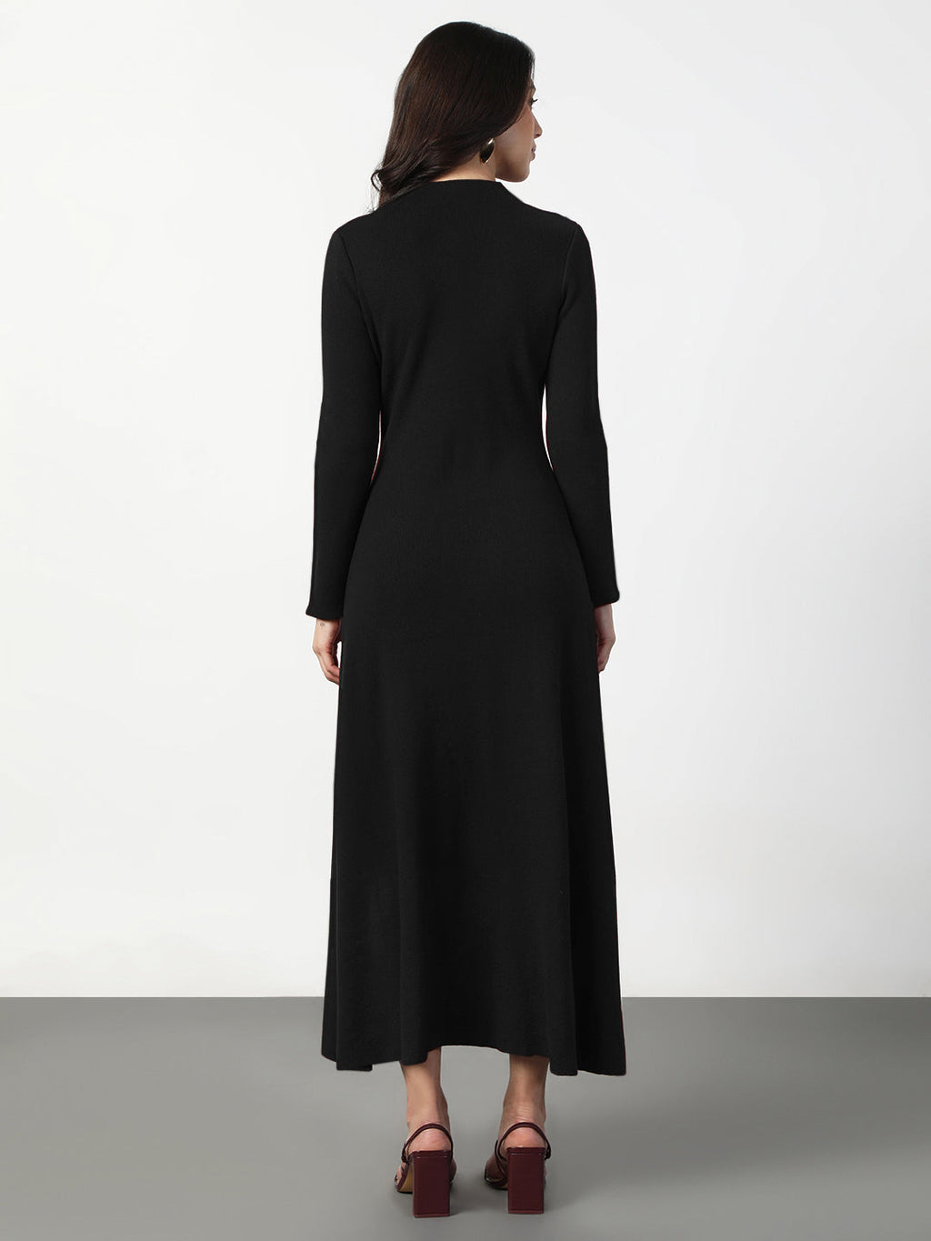 Women's Black Long Sleeve Maxi Dress with Front Button Detail