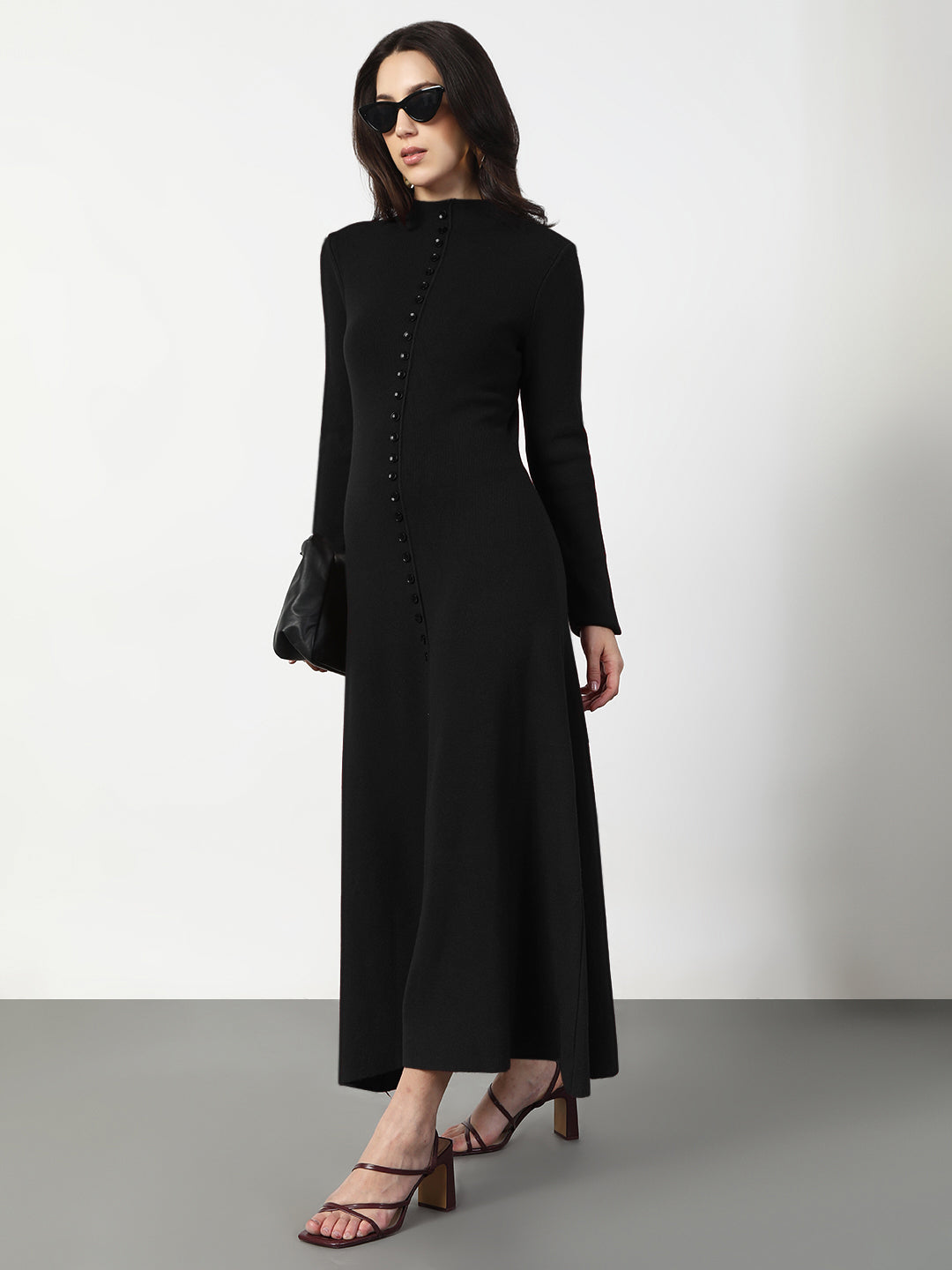 Women's Black Long Sleeve Maxi Dress with Front Button Detail