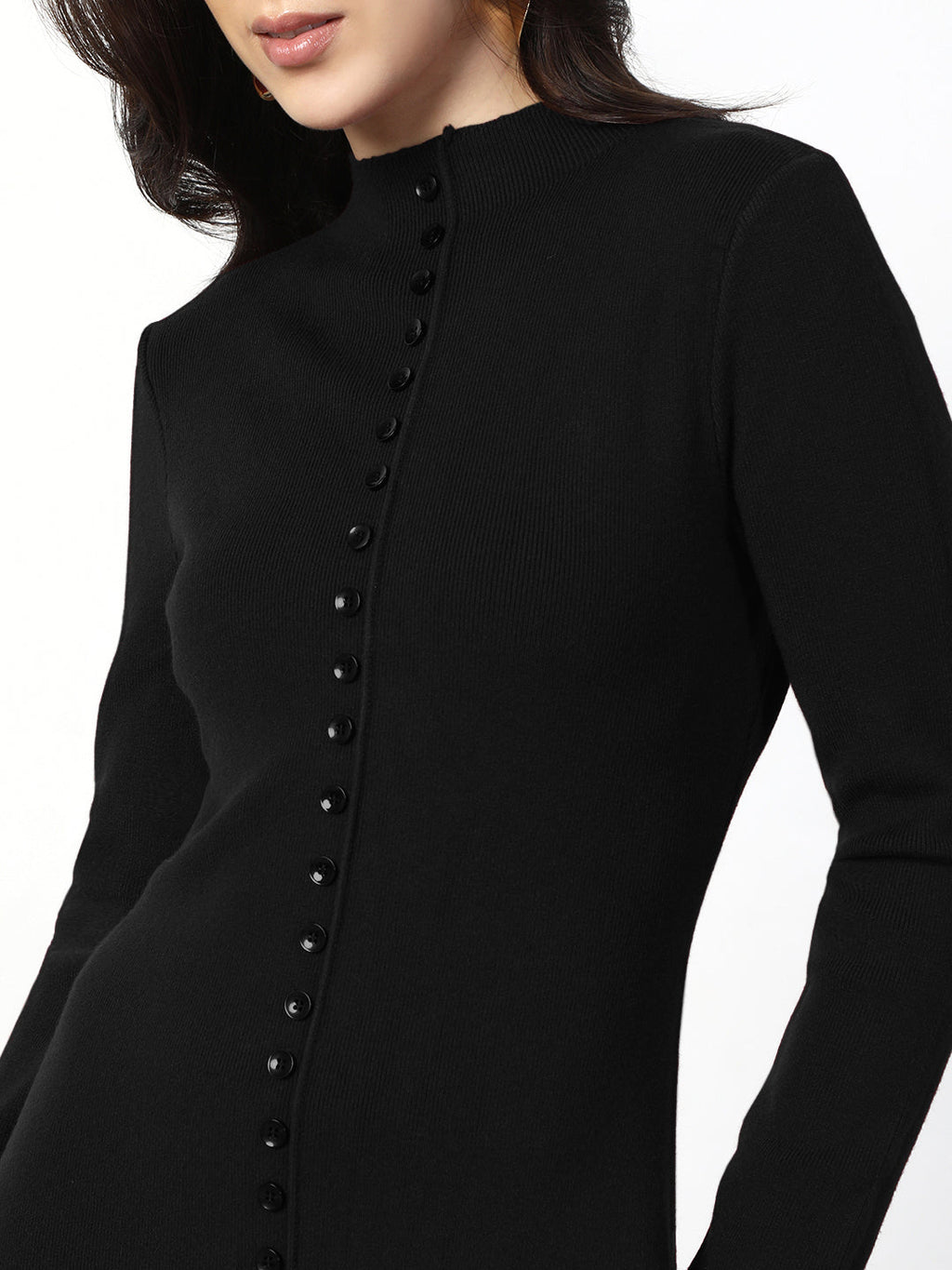Women's Black Long Sleeve Maxi Dress with Front Button Detail