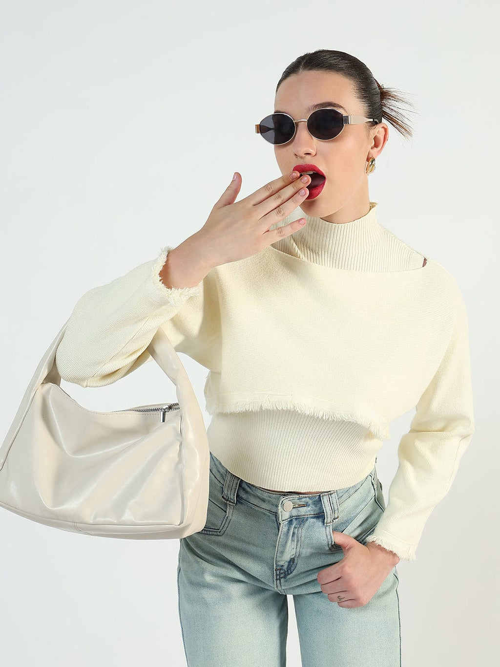 Women's Ribbed Cream Top with Frayed Cropped Sweater
