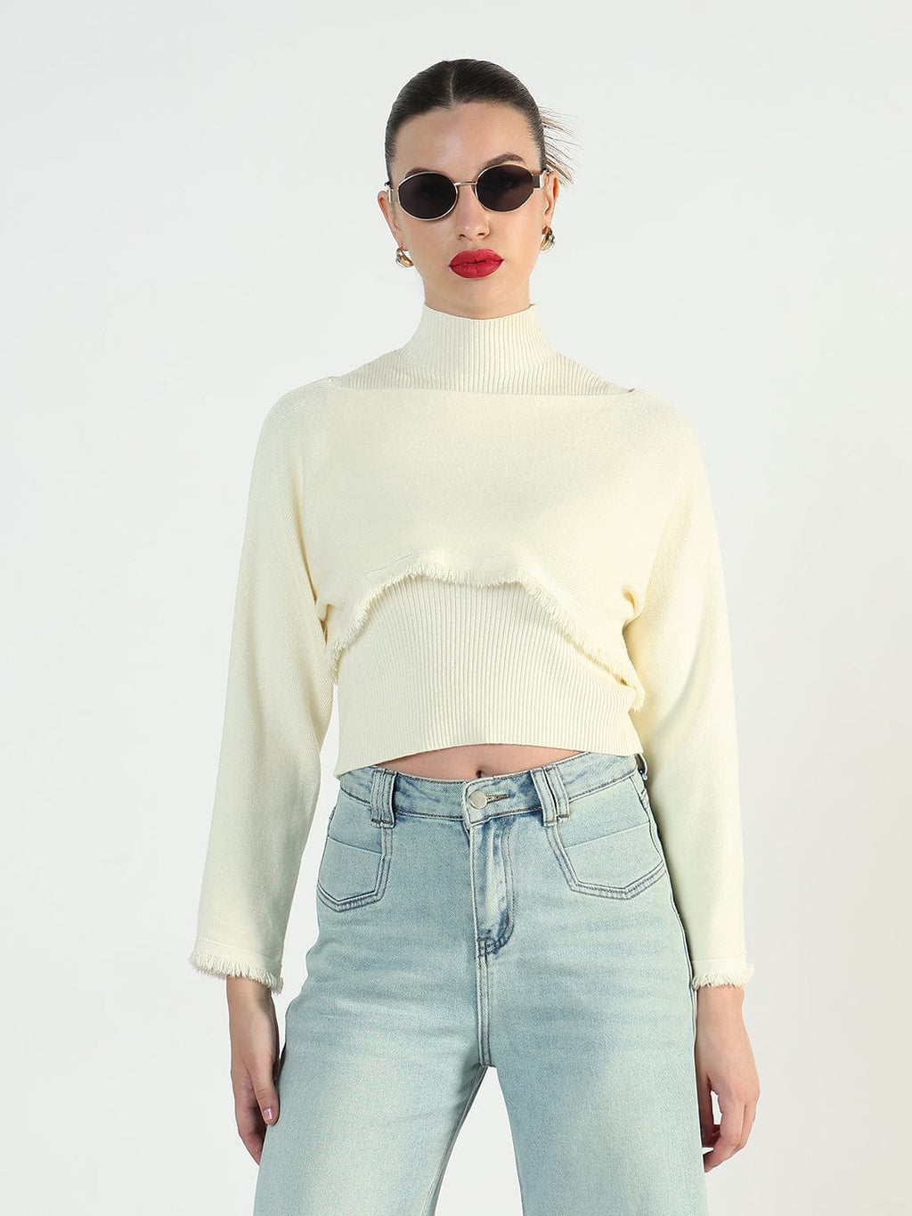 Women's Ribbed Cream Top with Frayed Cropped Sweater