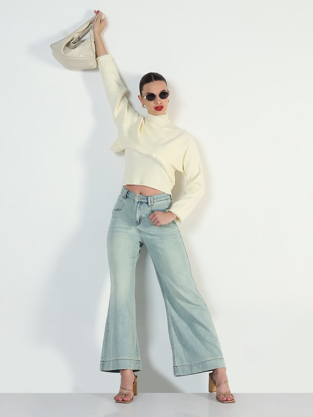 Women's Ribbed Cream Top with Frayed Cropped Sweater