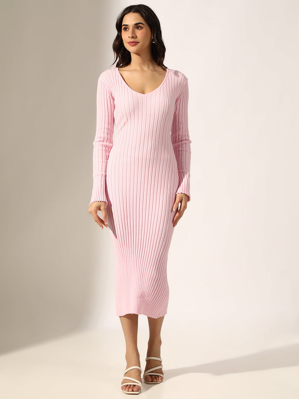 Women's Ribbed Pink Long Sleeve Bodycon Midi Dress