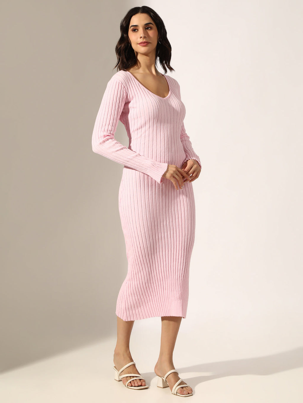 Women's Ribbed Pink Long Sleeve Bodycon Midi Dress