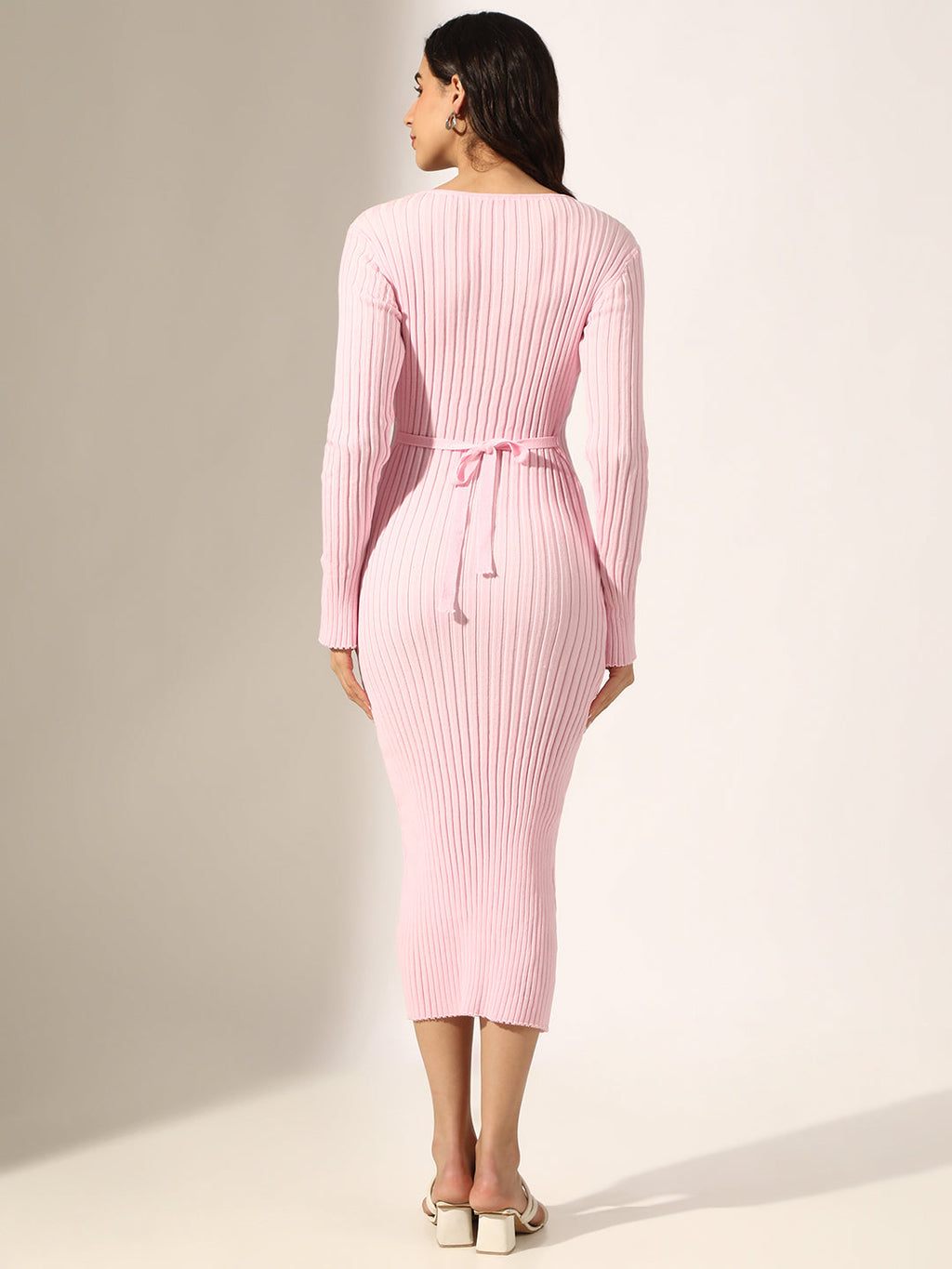 Women's Ribbed Pink Long Sleeve Bodycon Midi Dress