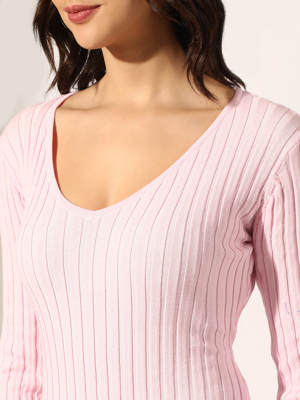 Women's Ribbed Pink Long Sleeve Bodycon Midi Dress