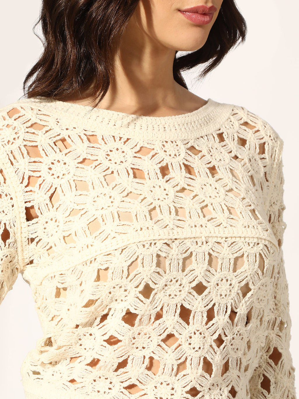 Women's Cream Crochet Long Sleeve Top