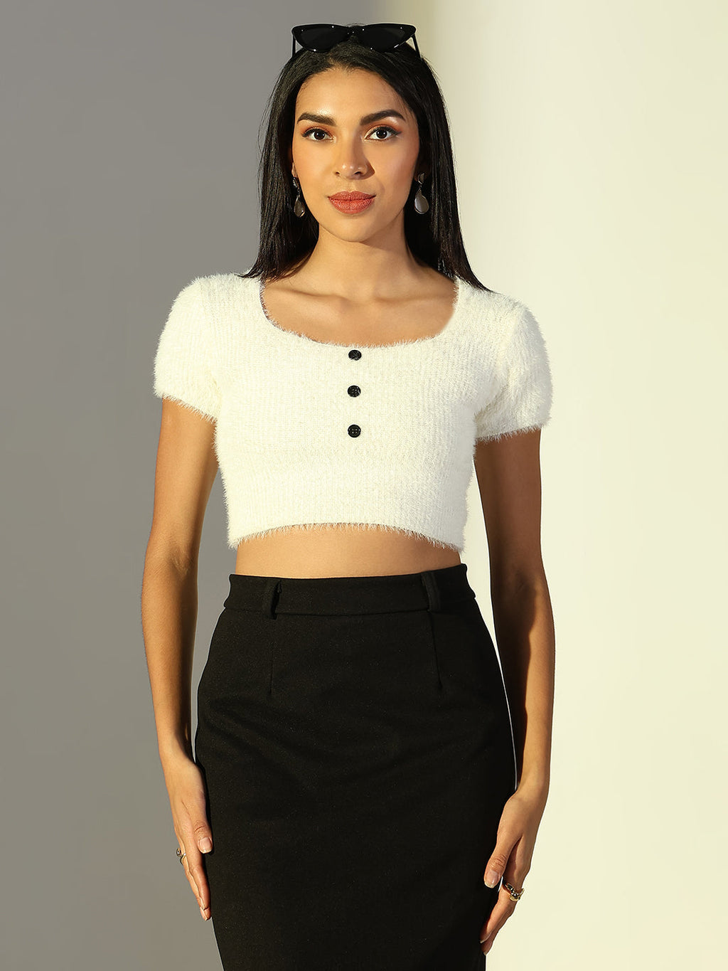 Women's Off White Self Design Faux Fur Trim Crop Top
