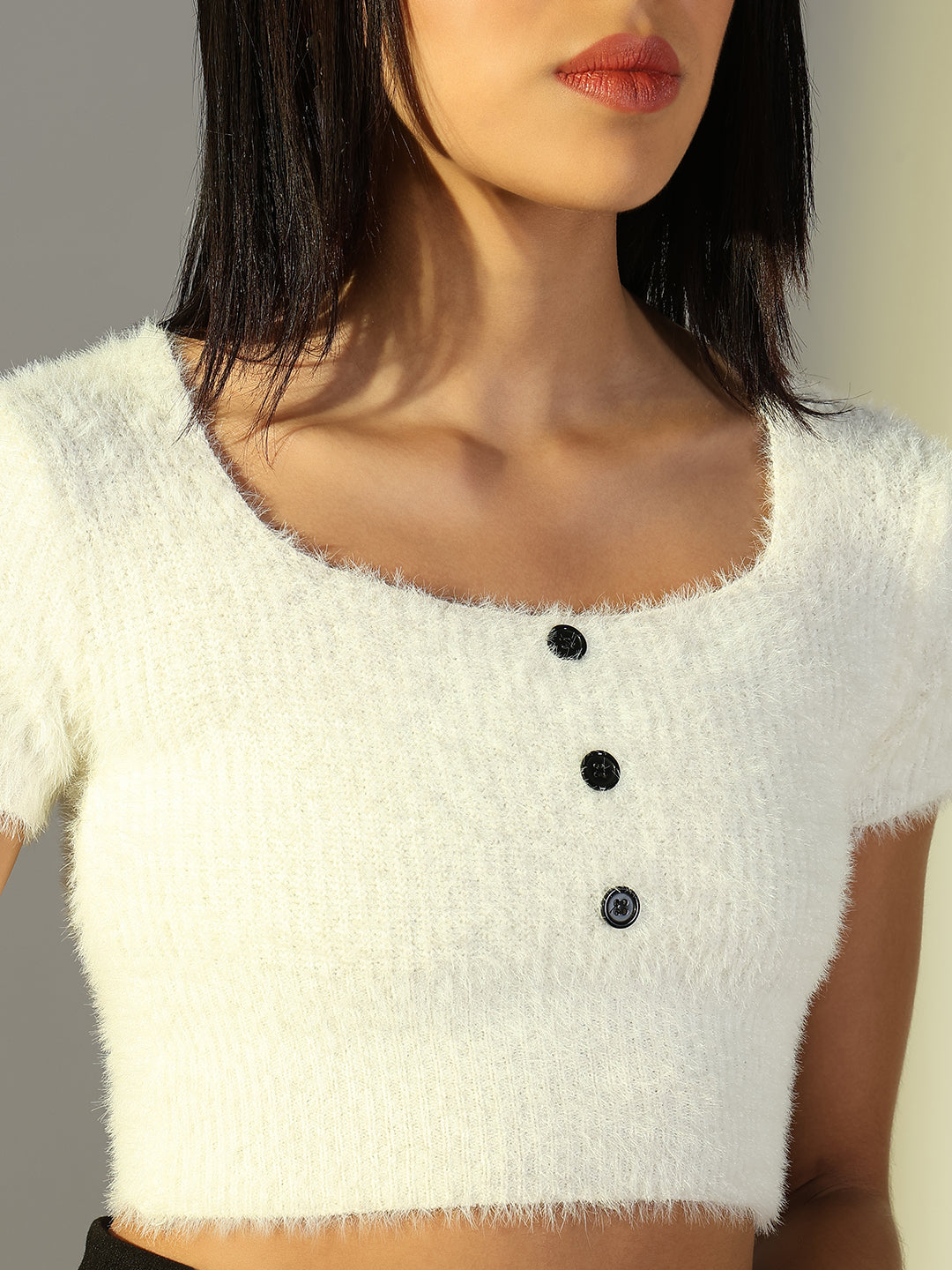 Women's Off White Self Design Faux Fur Trim Crop Top