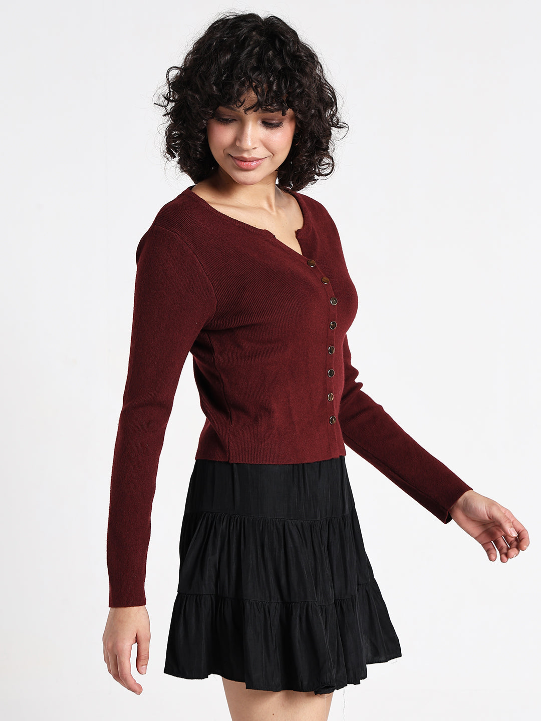 Women's Maroon Textured Knit Top