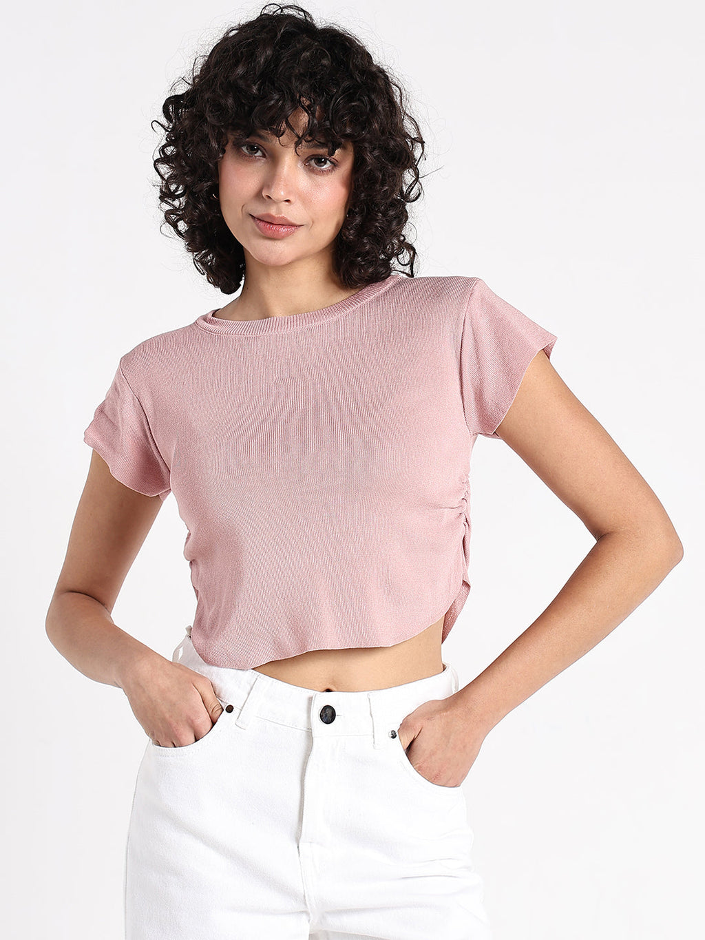Women's Peach Fitted Crop Top with Side Ruched Detail