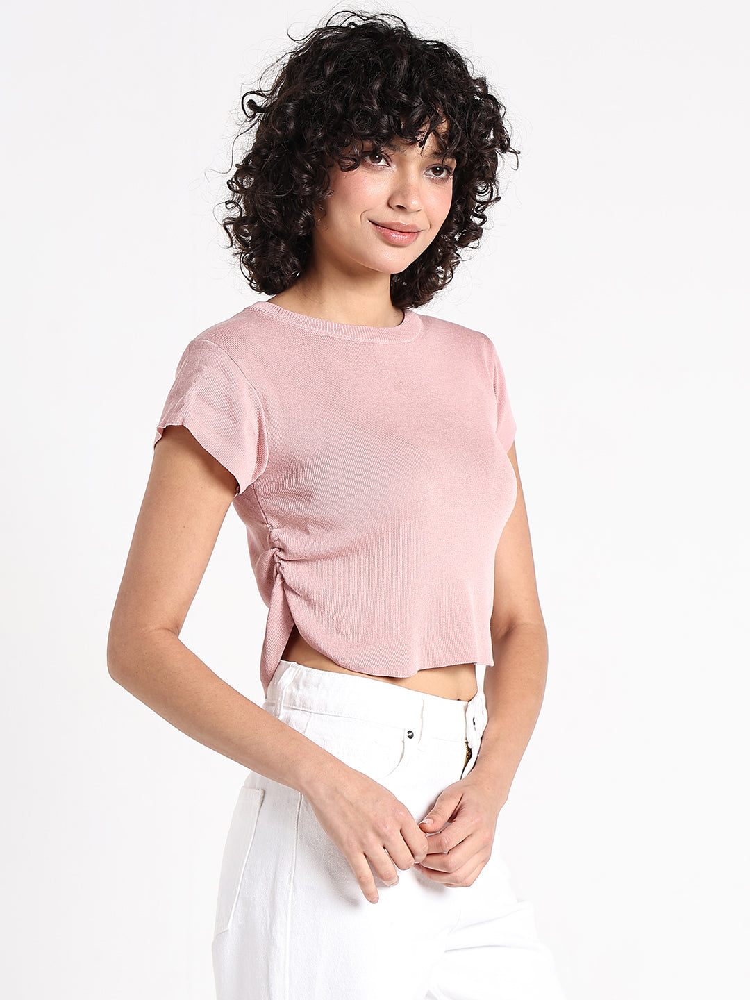 Women's Peach Fitted Crop Top with Side Ruched Detail
