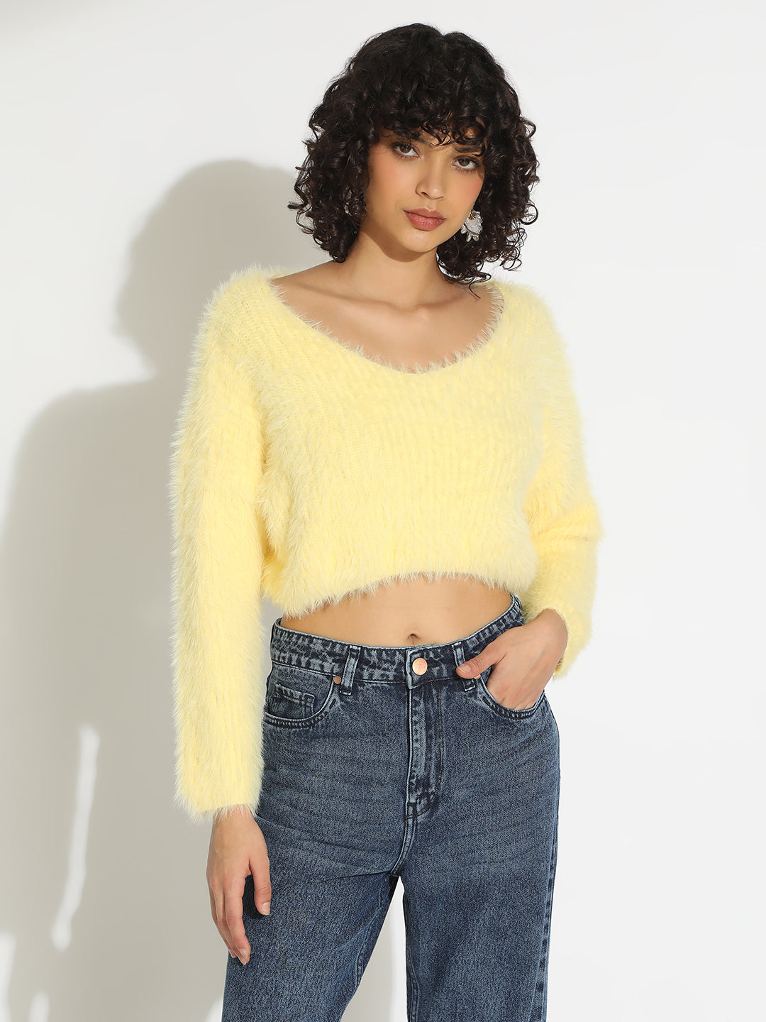 Women's Yellow Fuzzy Knit Crop Top