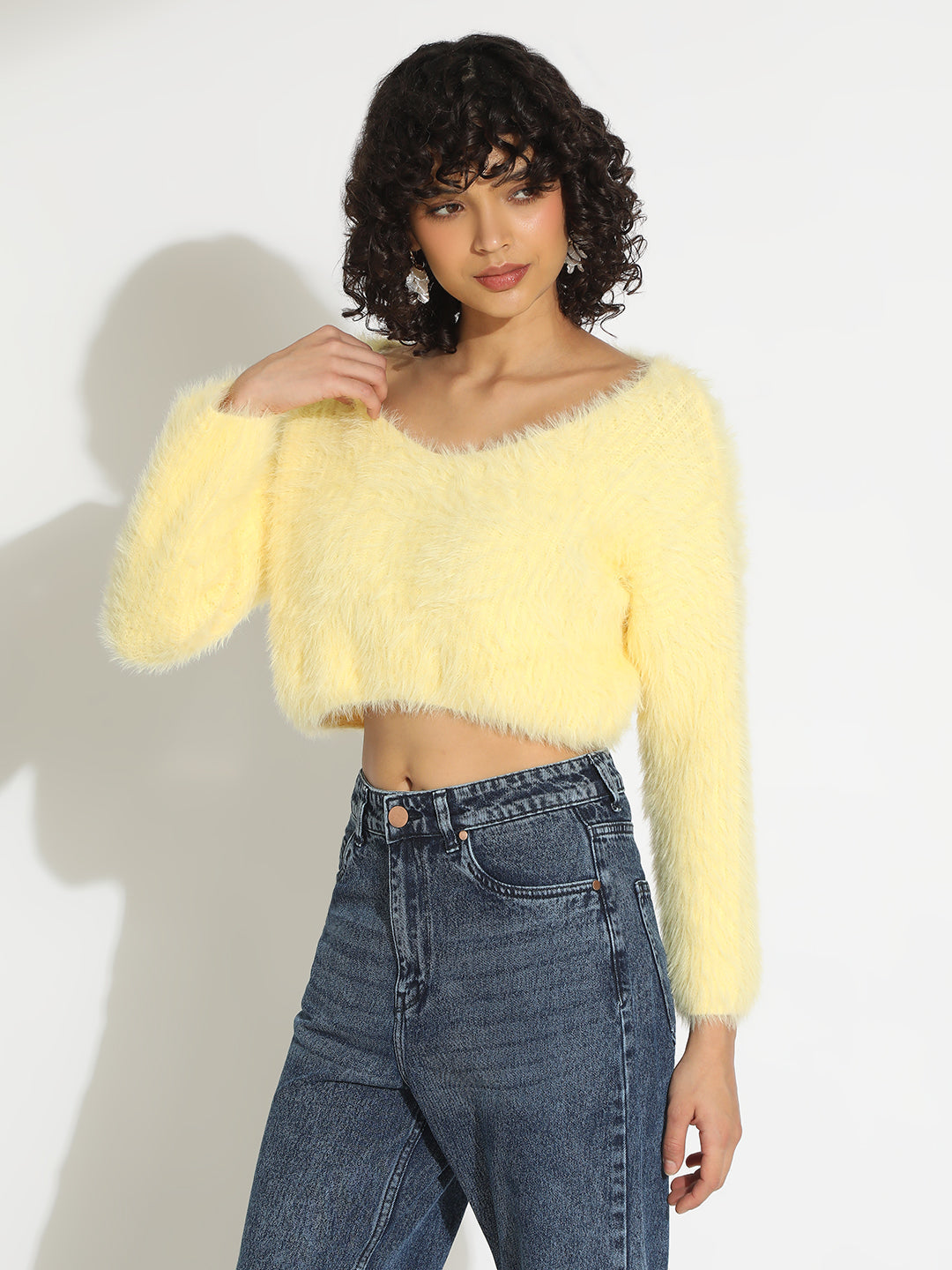Women's Yellow Fuzzy Knit Crop Top