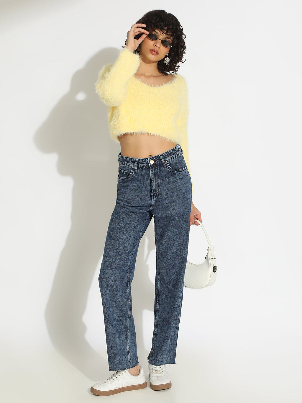 Women's Yellow Fuzzy Knit Crop Top