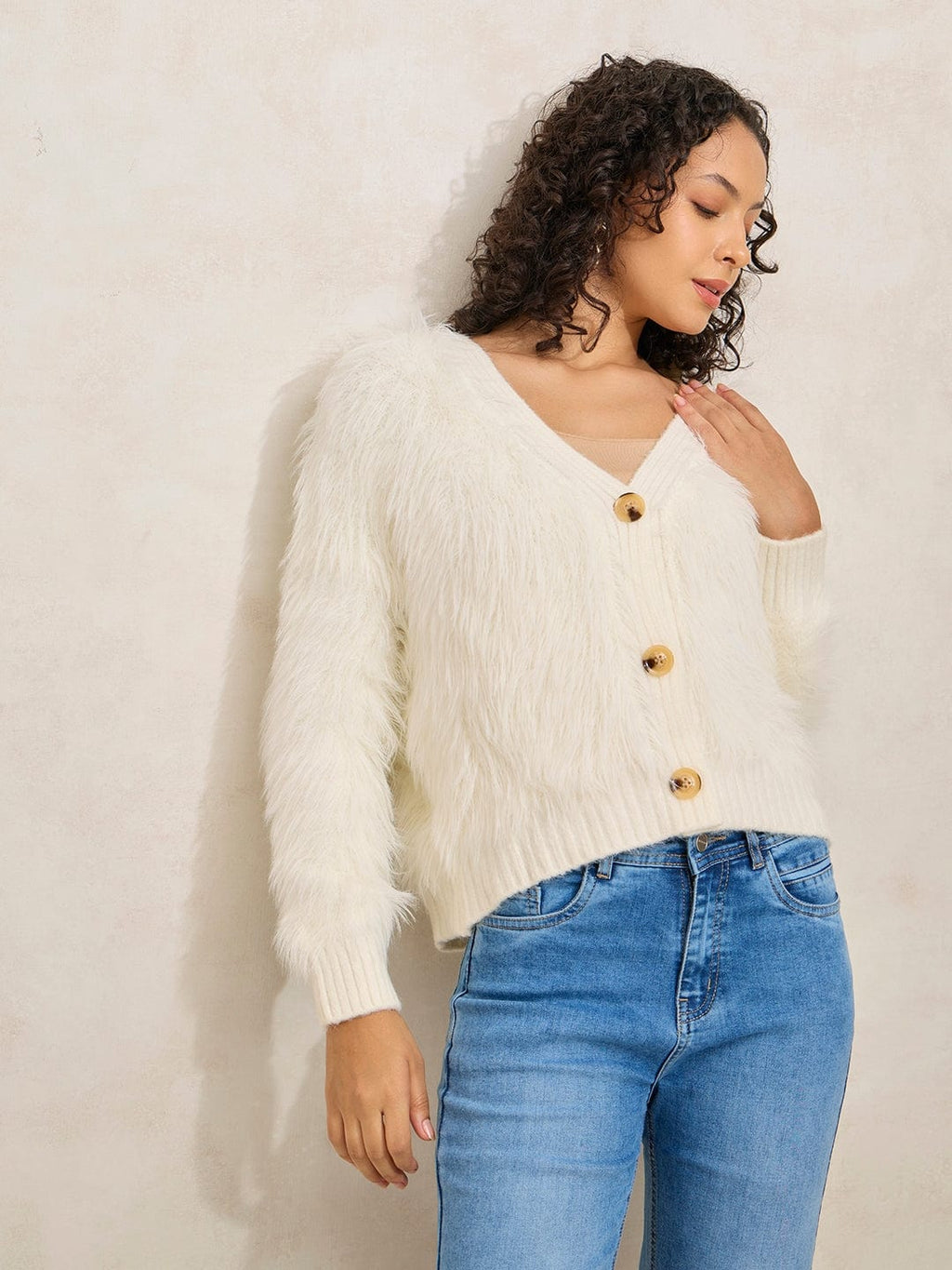 Women's Off White Fuzzy Top with Buttons