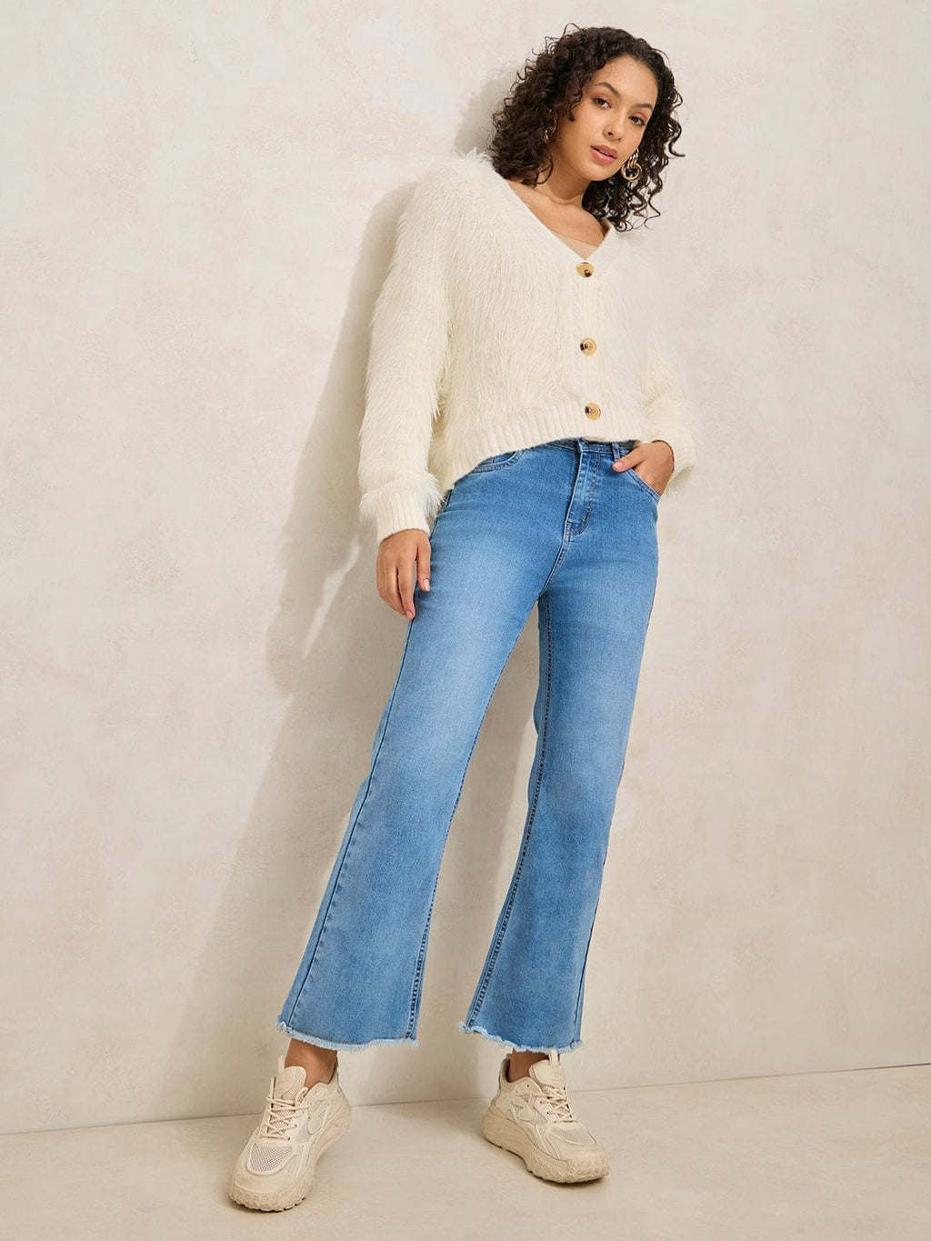 Women's Off White Fuzzy Top with Buttons