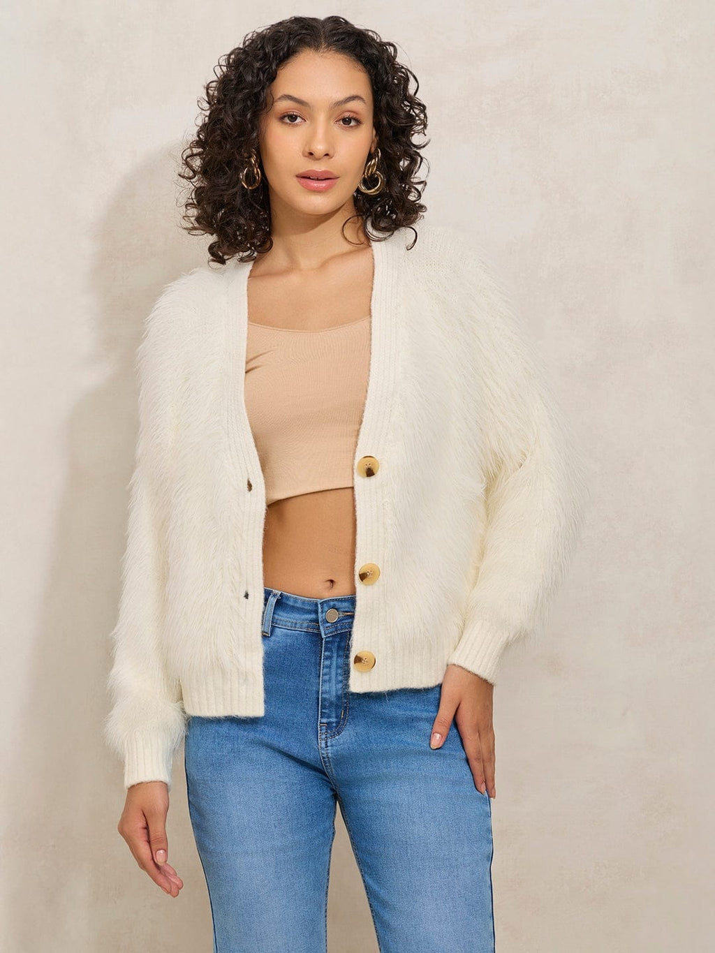 Women's Off White Fuzzy Top with Buttons