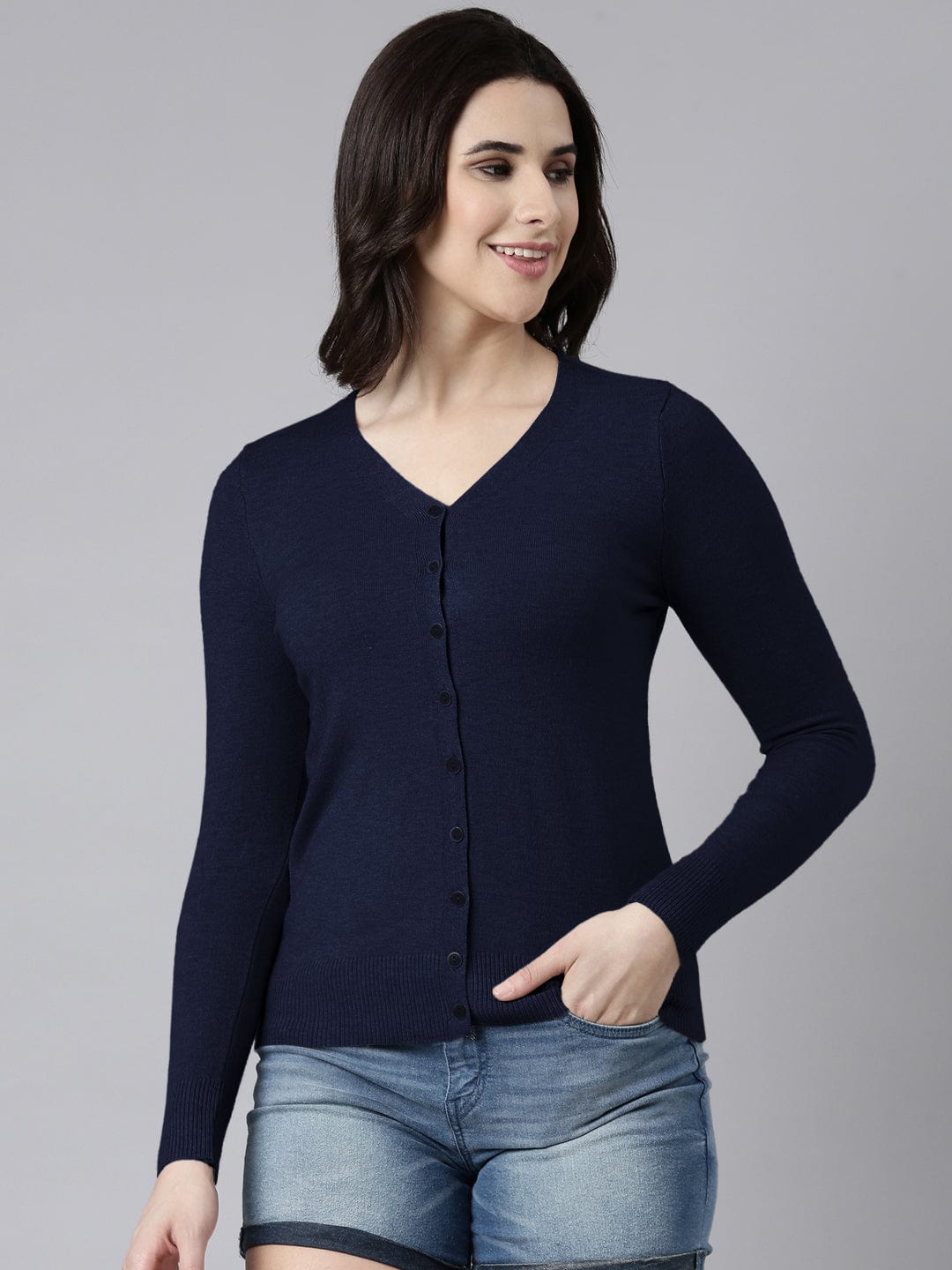 Women's Navy Blue Button-Down V-Neck Top