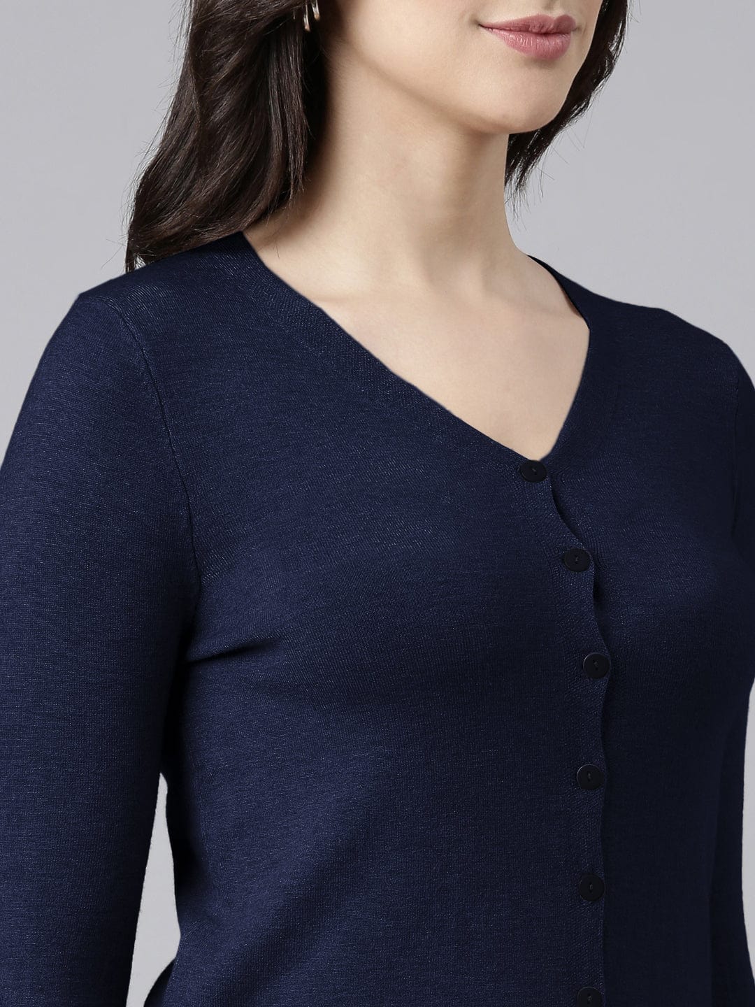Women's Navy Blue Button-Down V-Neck Top