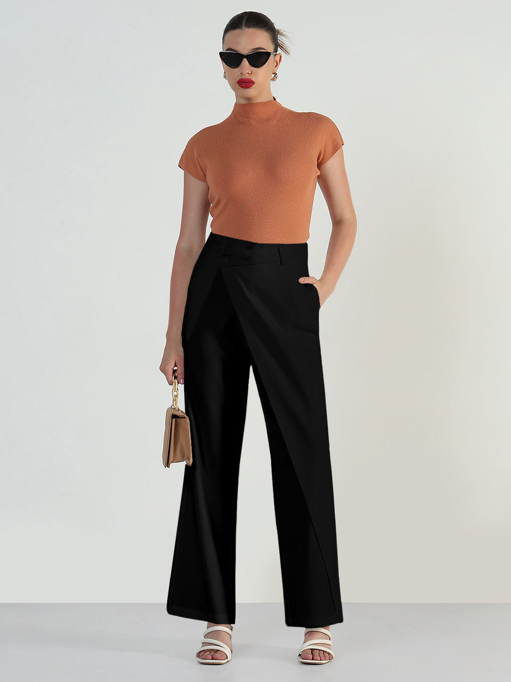 Women's Black Wide Leg Trousers with Wrap around