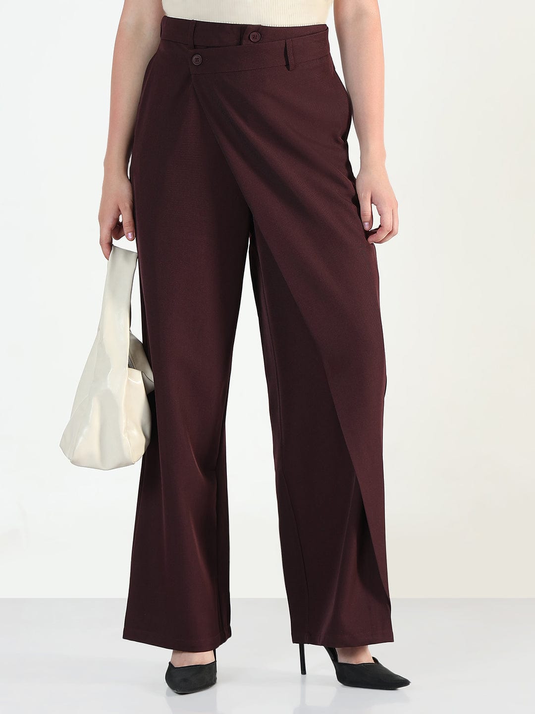 Women's Burgundy Wide Leg Trousers with Wrap around