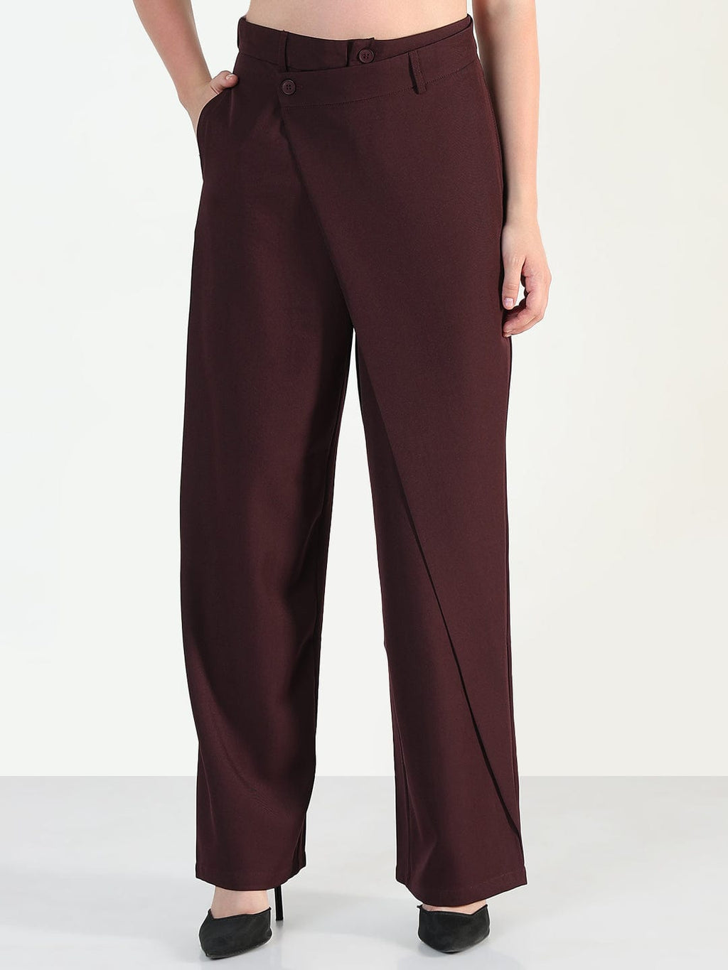 Women's Burgundy Wide Leg Trousers with Wrap around