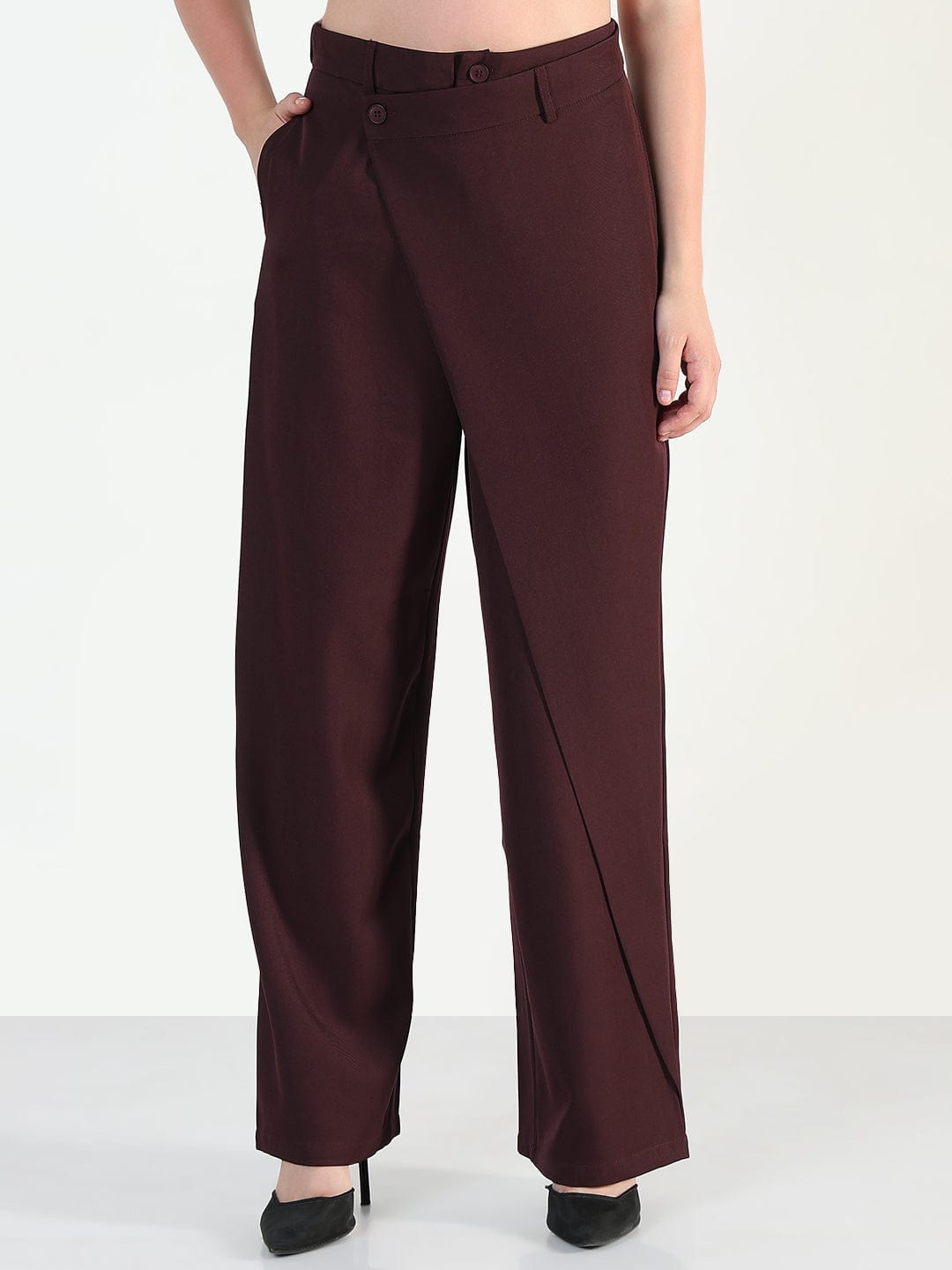 Women's Burgundy Wide Leg Trousers with Wrap around