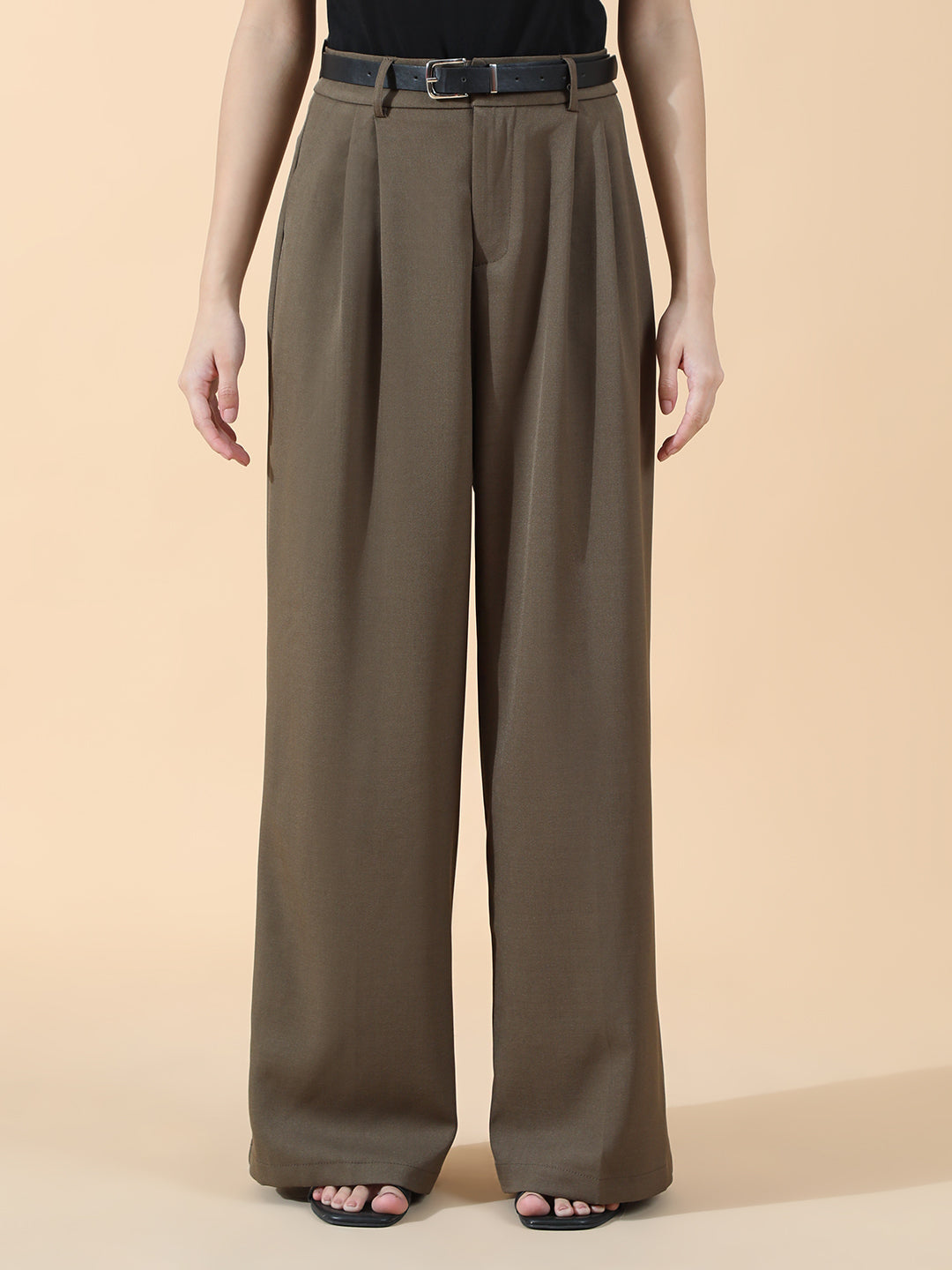 Women's Pleated Khaki High Waist Korean Pants with Belt