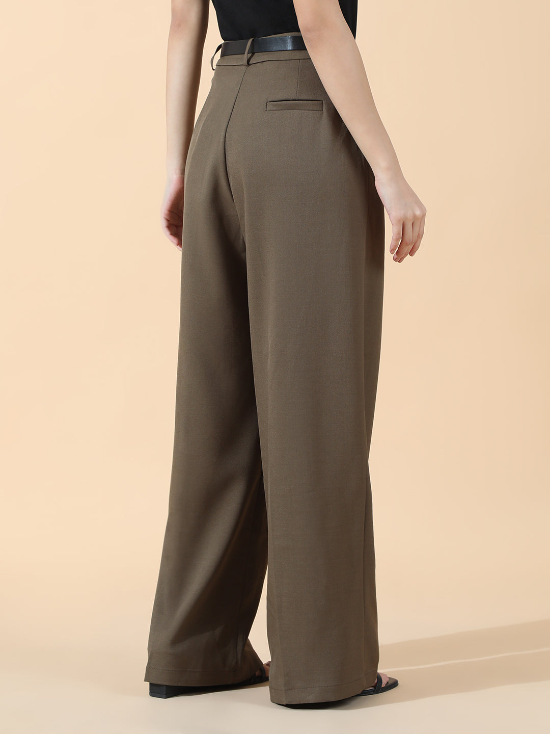 Women's Pleated Khaki High Waist Korean Pants with Belt