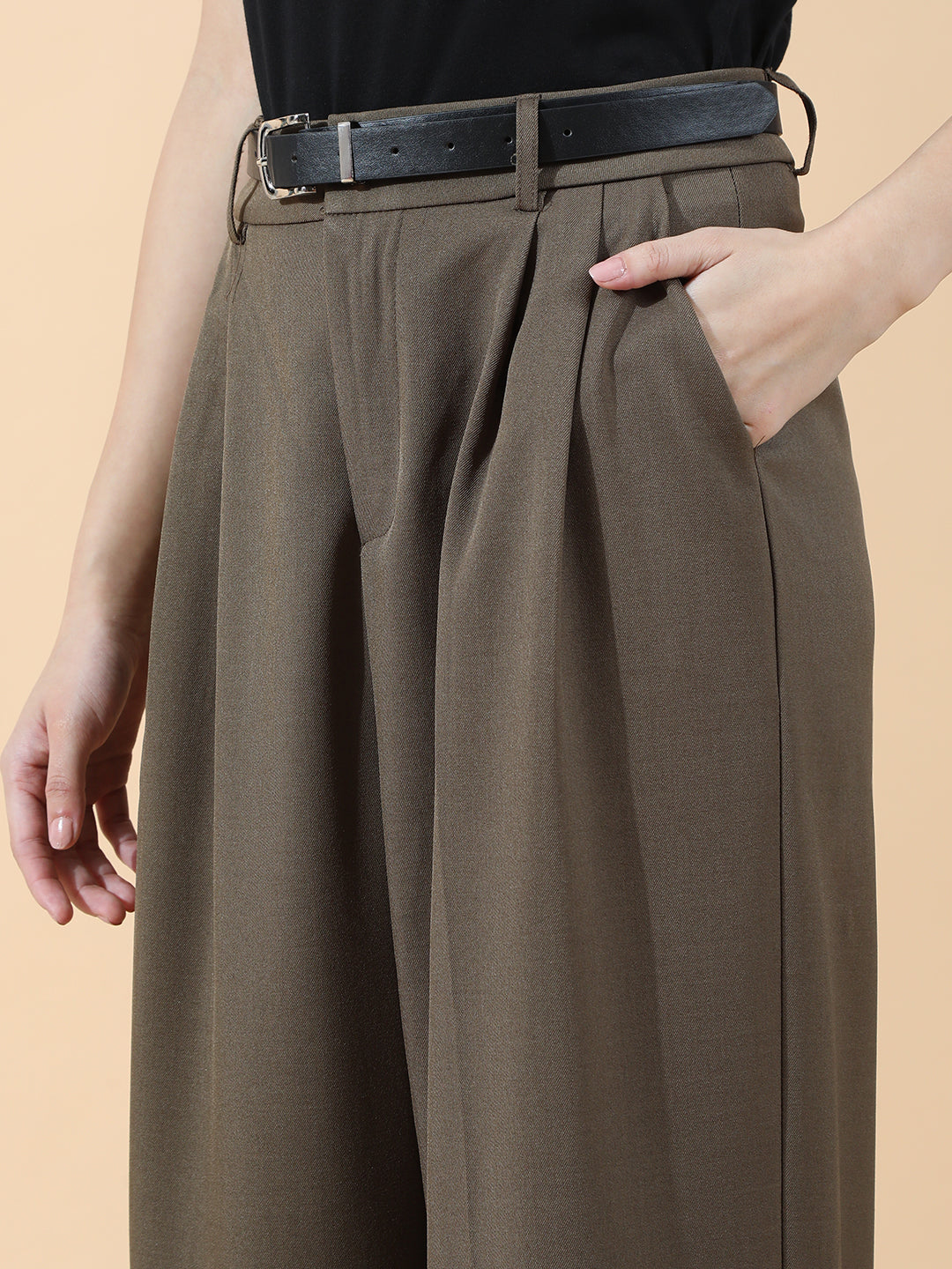Women's Pleated Khaki High Waist Korean Pants with Belt